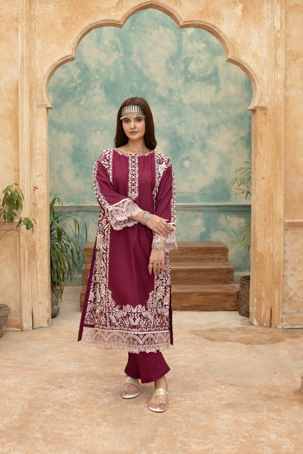 Noor-Wine Embroidered Pret (3pc)