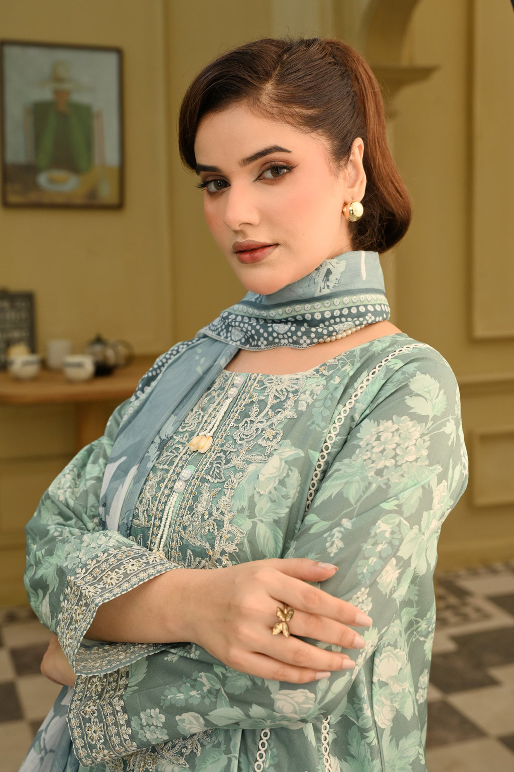 Aab-e-Bahaar -Aqua Sage (Embroidered) - 3Pc
