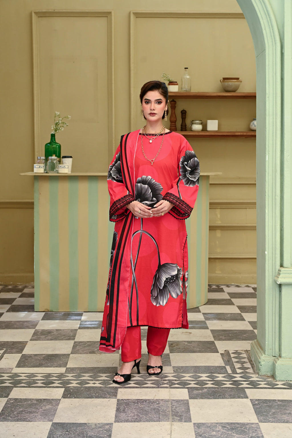 Adaa- Coral Flame(Embroidered) - 3Pc