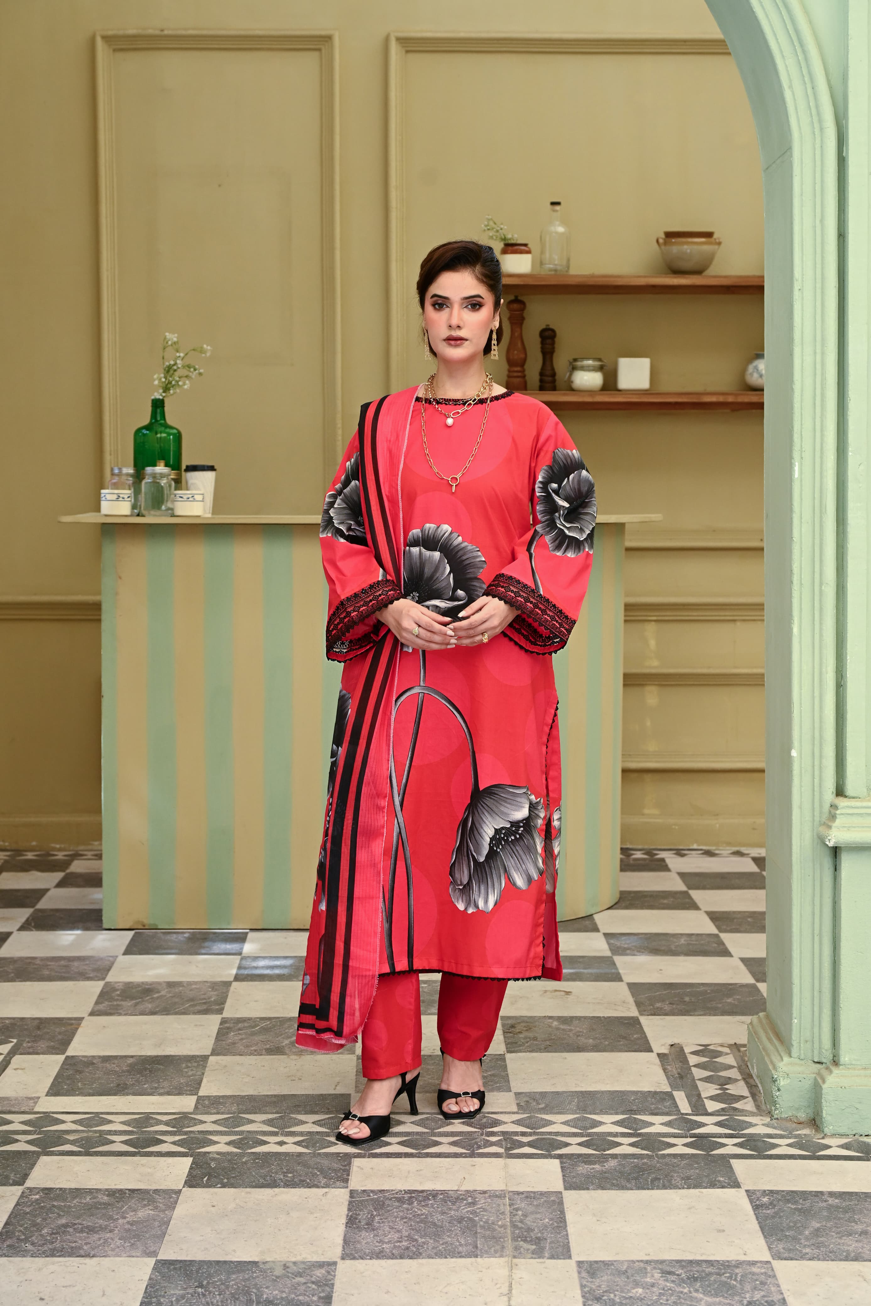 Adaa- Coral Flame(Embroidered) - 3Pc
