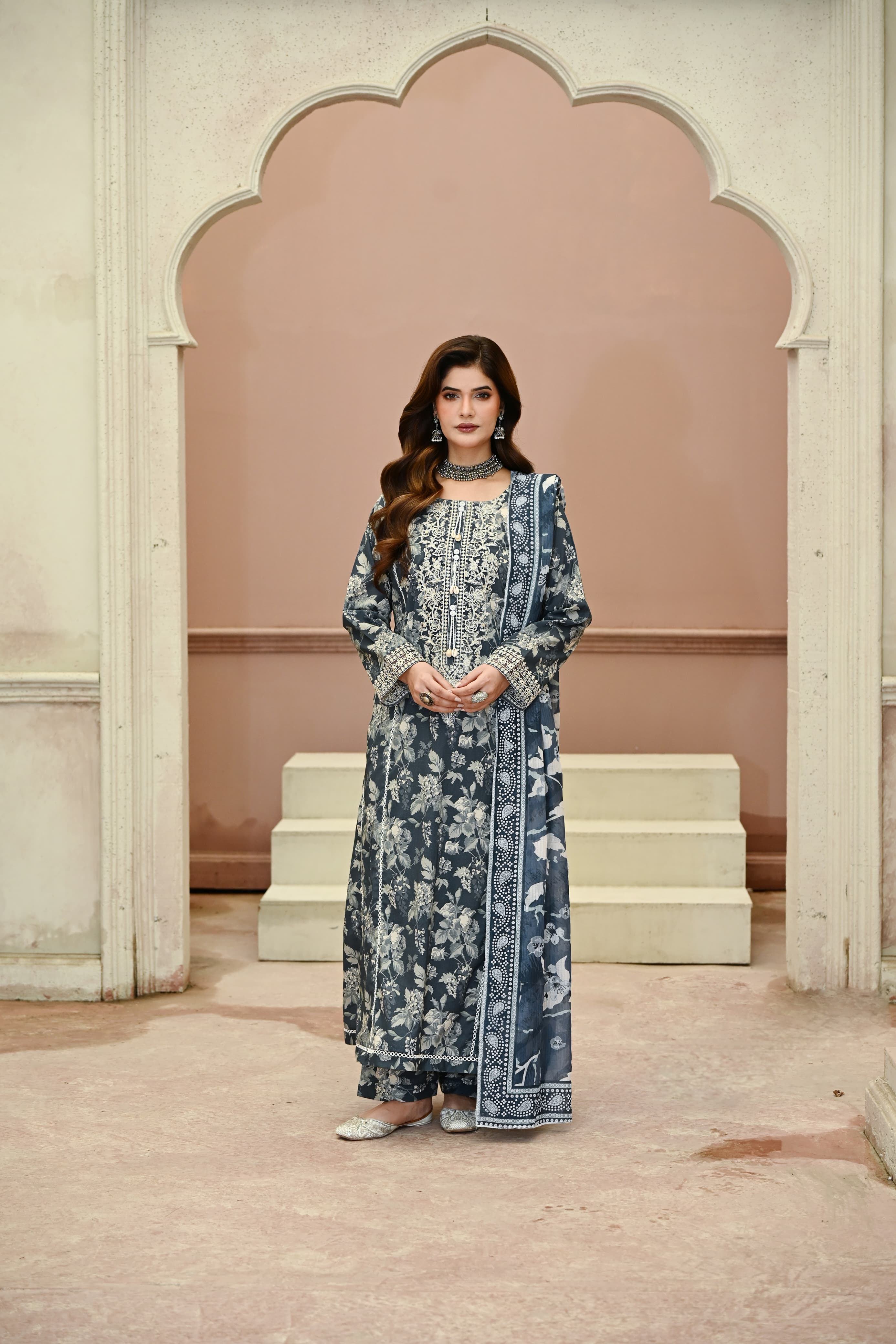 Aab-e-Bahaar -Storm Blue (Embroidered) - 3Pc