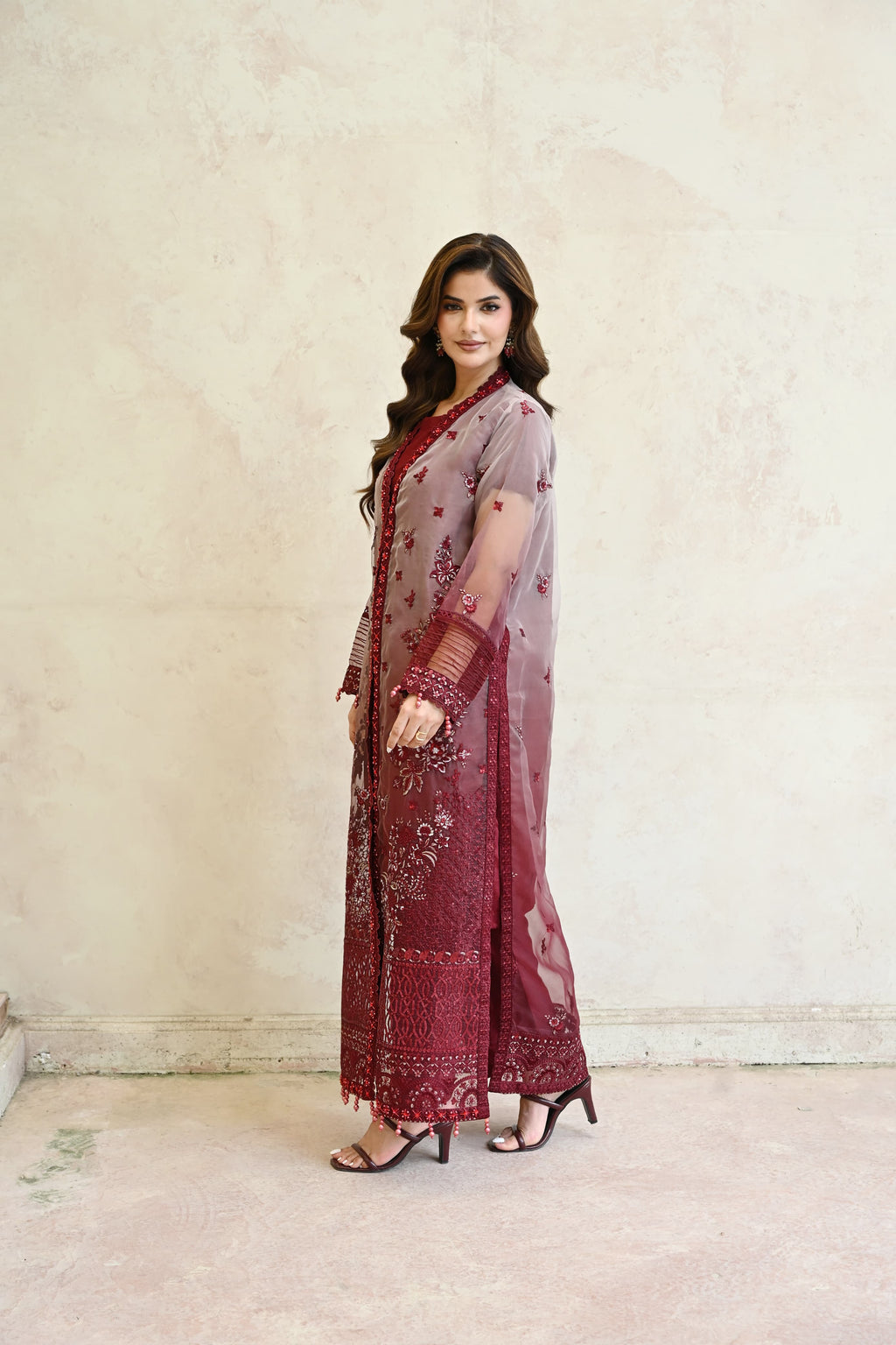 Belle -Burgundy rose(Embroidered) - 3Pc