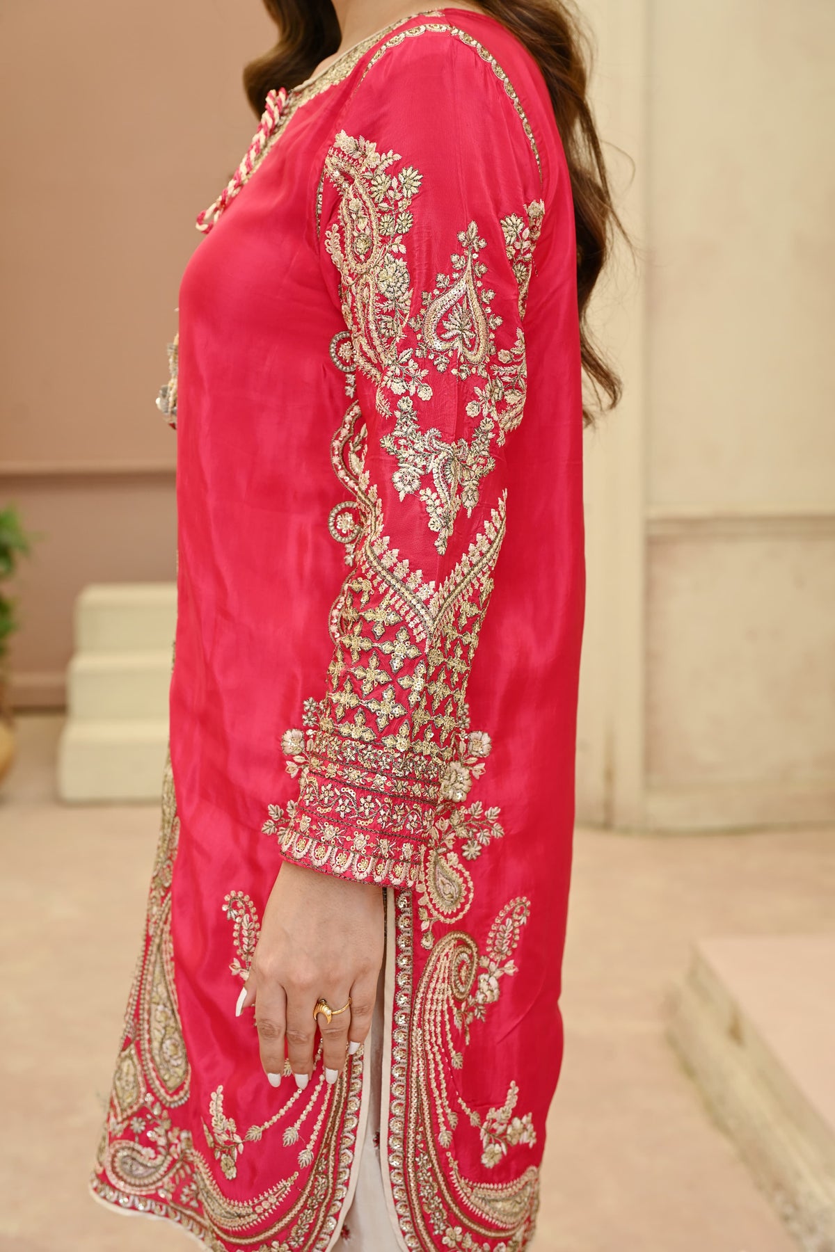 Rosalie -Ruby coral(Embroidered) - 3Pc