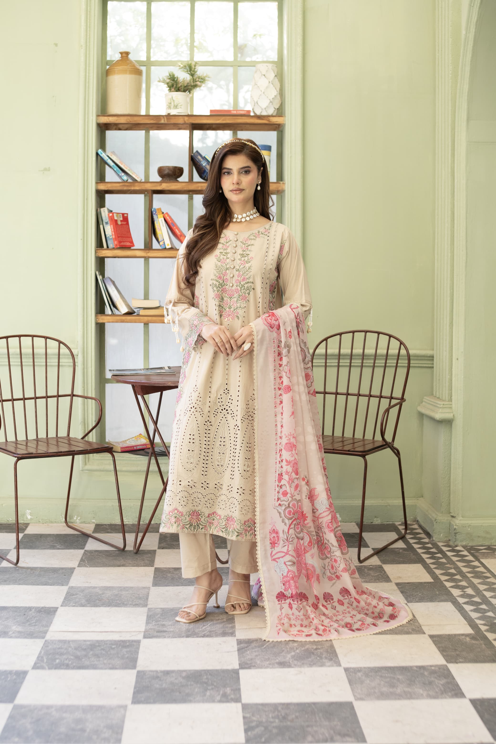 GulNoor-Ivory beige Embroidered suit (3pc)