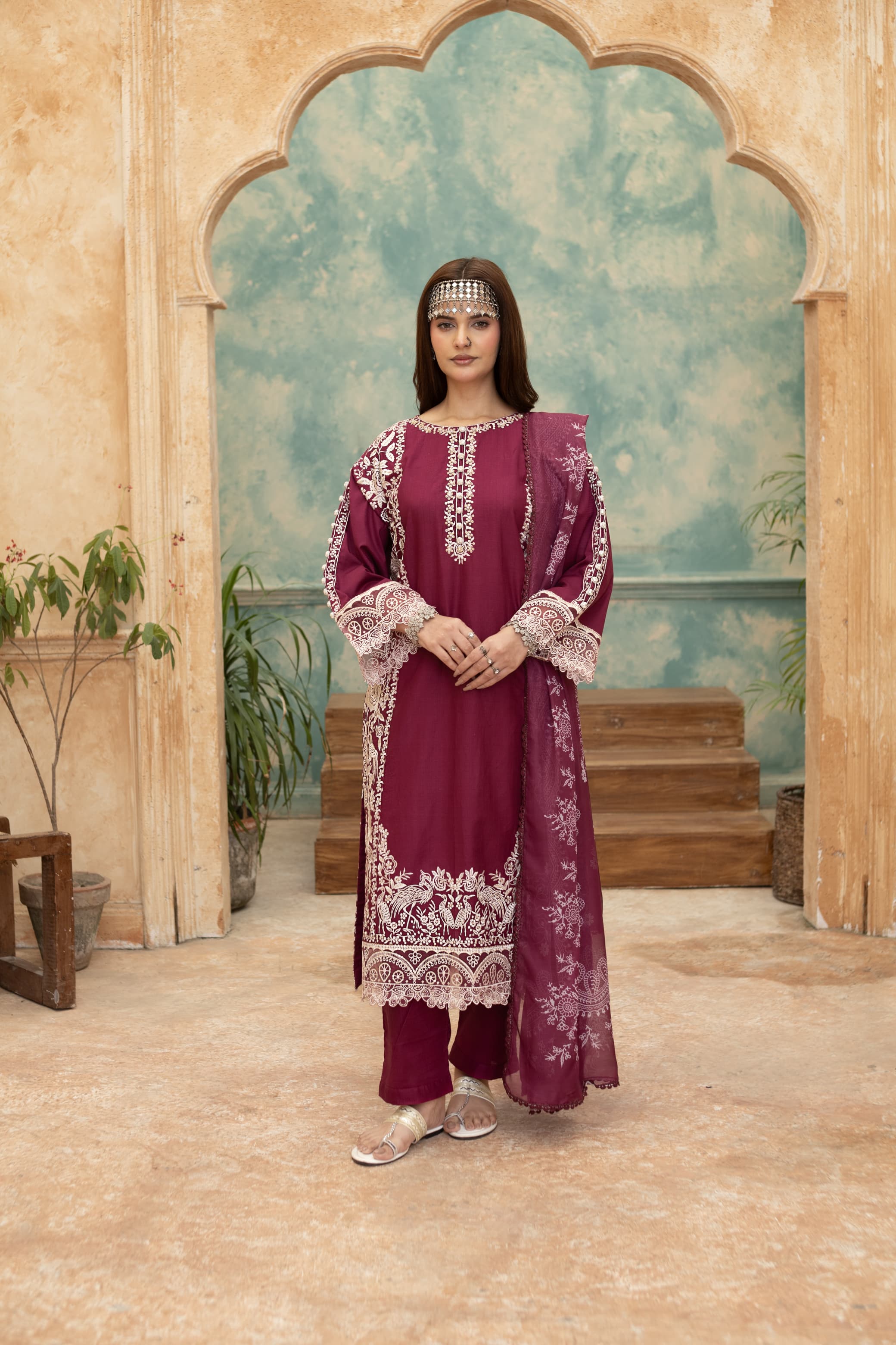 Noor-Wine Embroidered Pret (3pc)