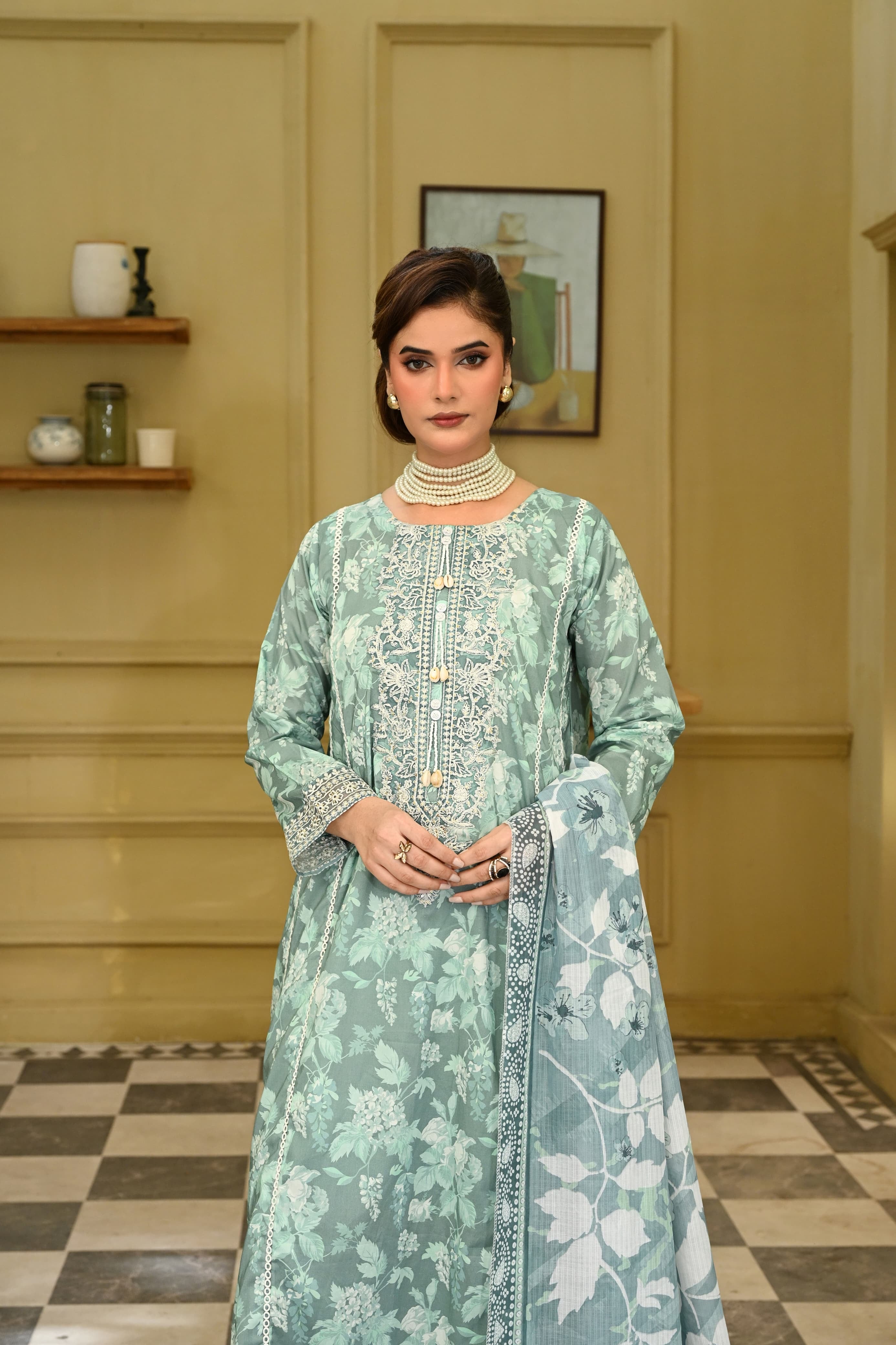 Aab-e-Bahaar -Aqua Sage (Embroidered) - 3Pc