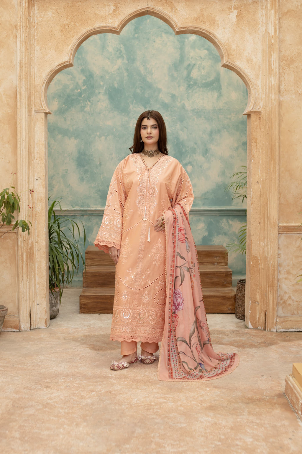 Saffan-Coral Embroidered Pret (3pc)