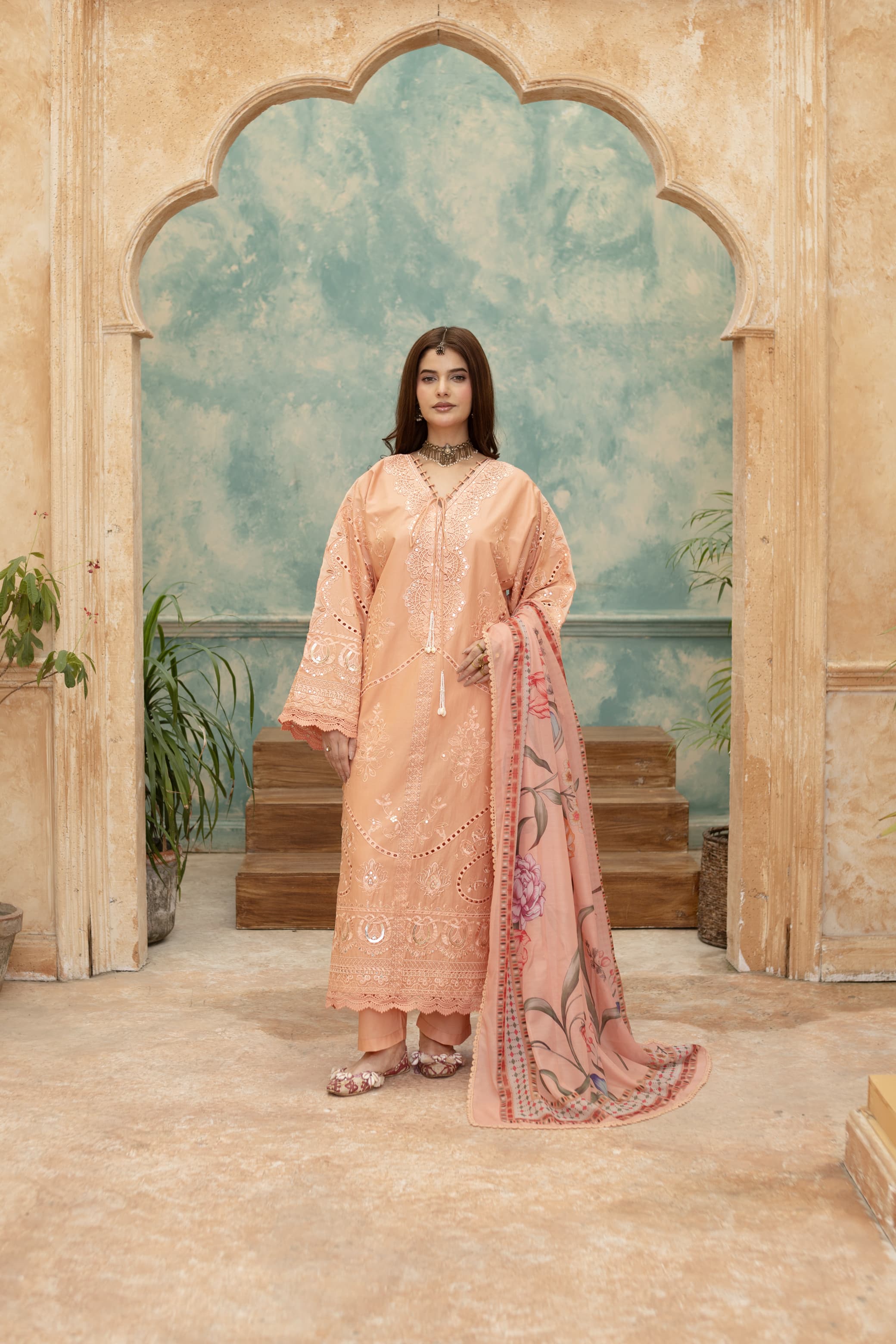 Saffan-Coral Embroidered Pret (3pc)