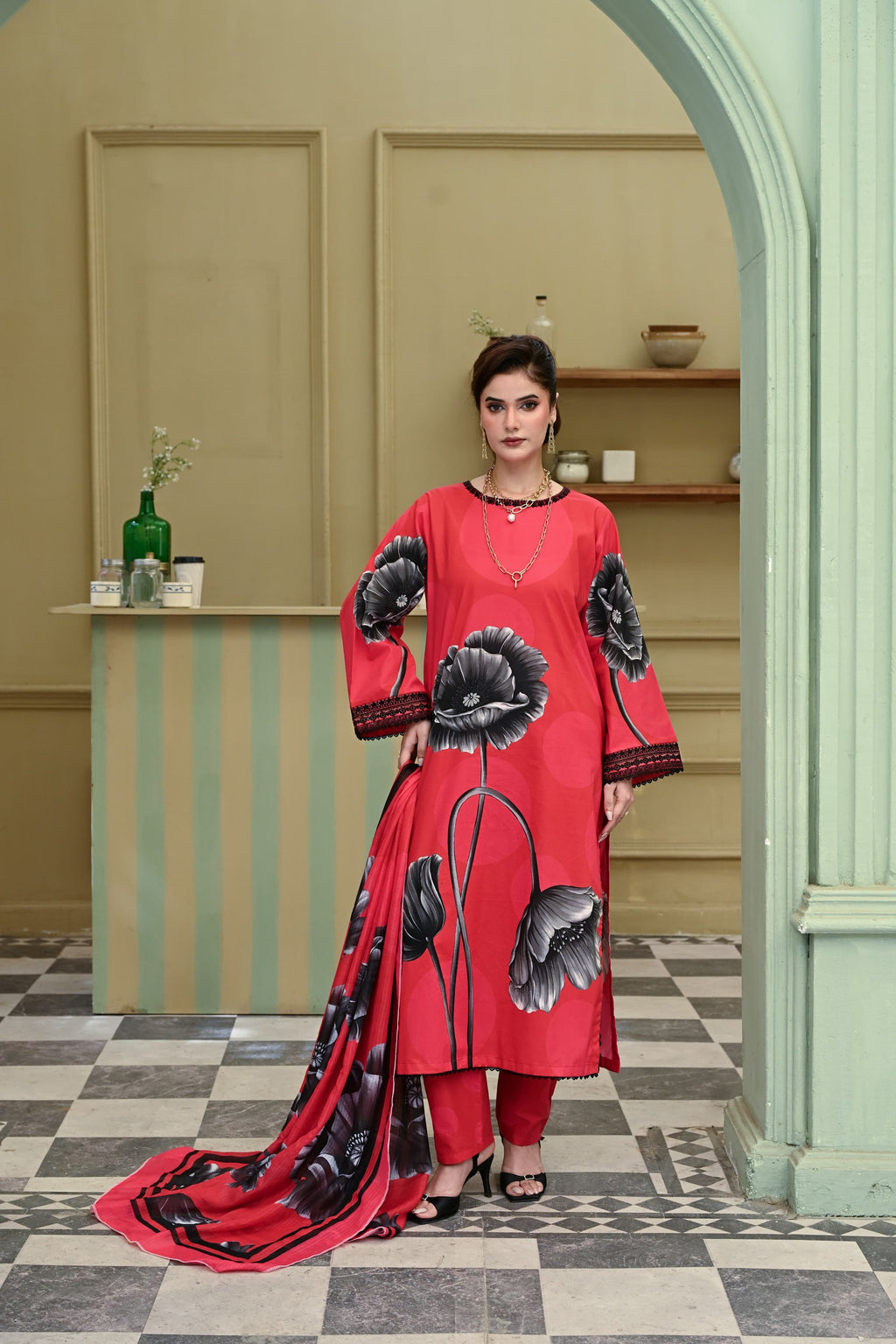 Adaa- Coral Flame(Embroidered) - 3Pc