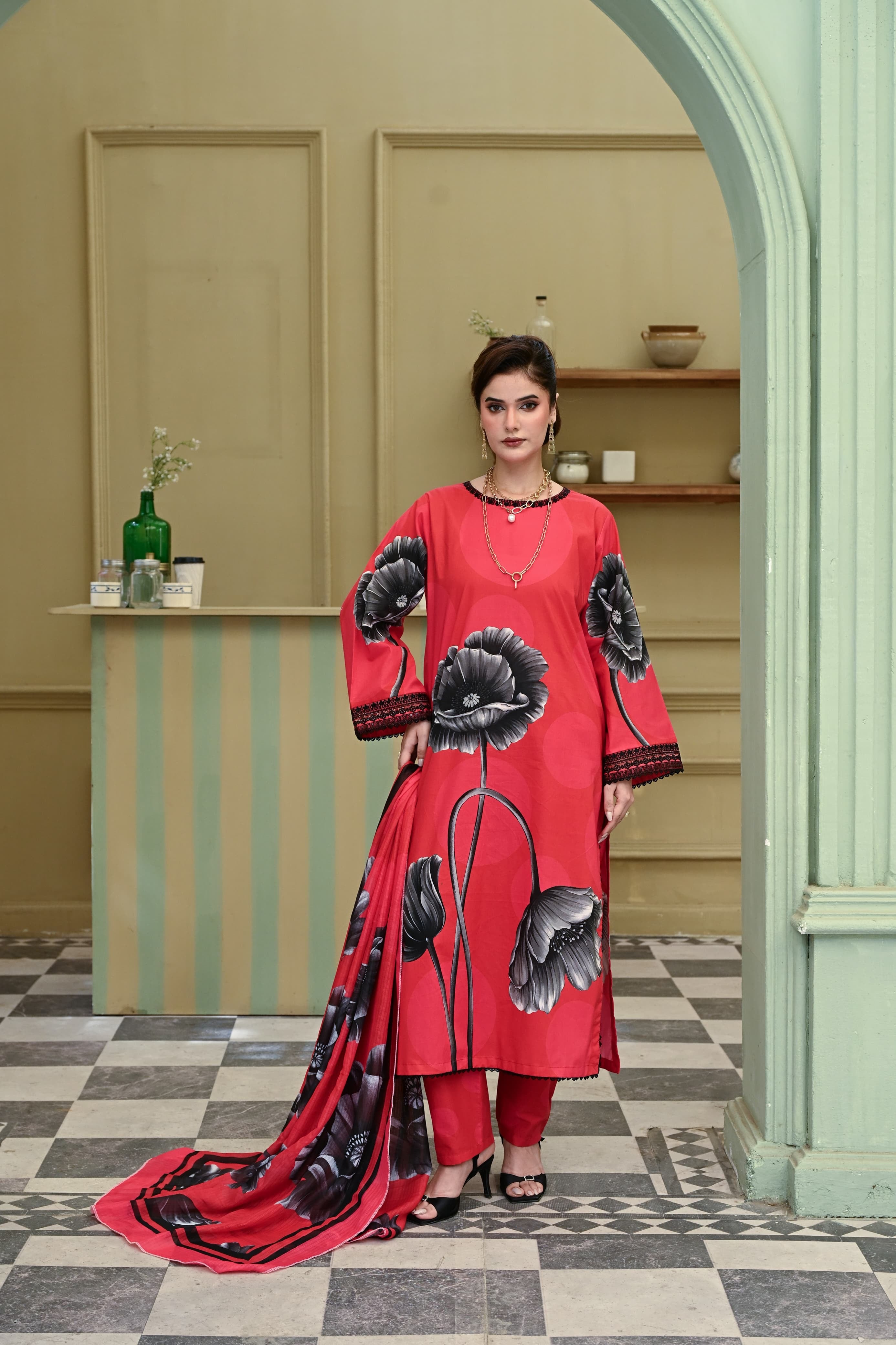Adaa- Coral Flame(Embroidered) - 3Pc