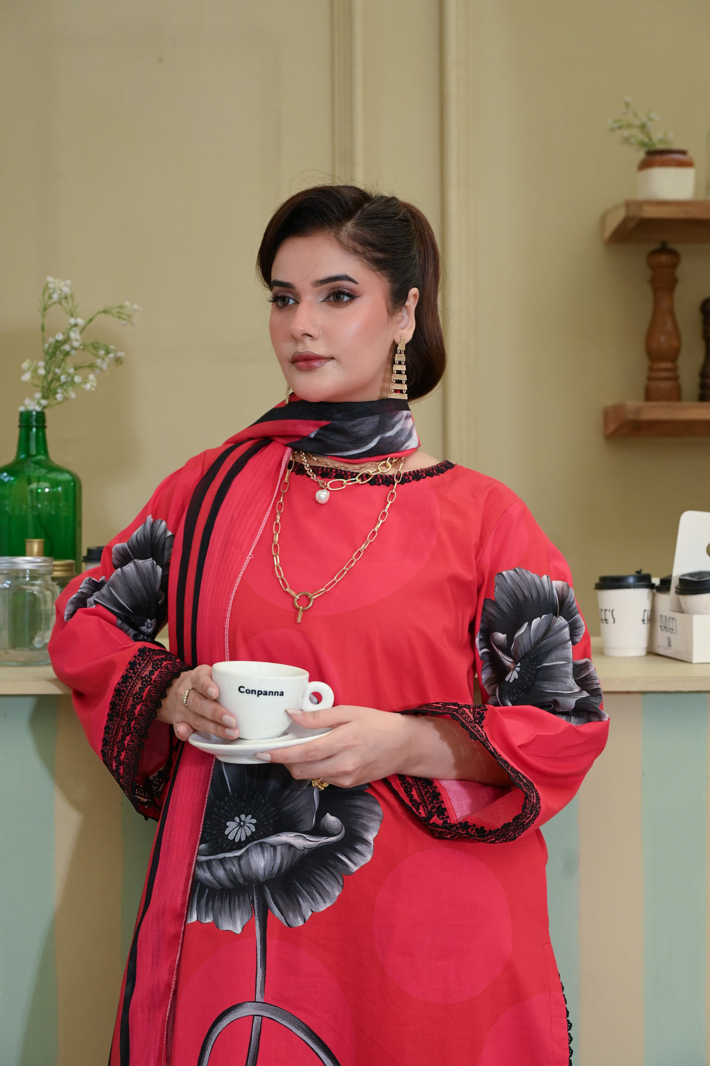 Adaa- Coral Flame(Embroidered) - 3Pc
