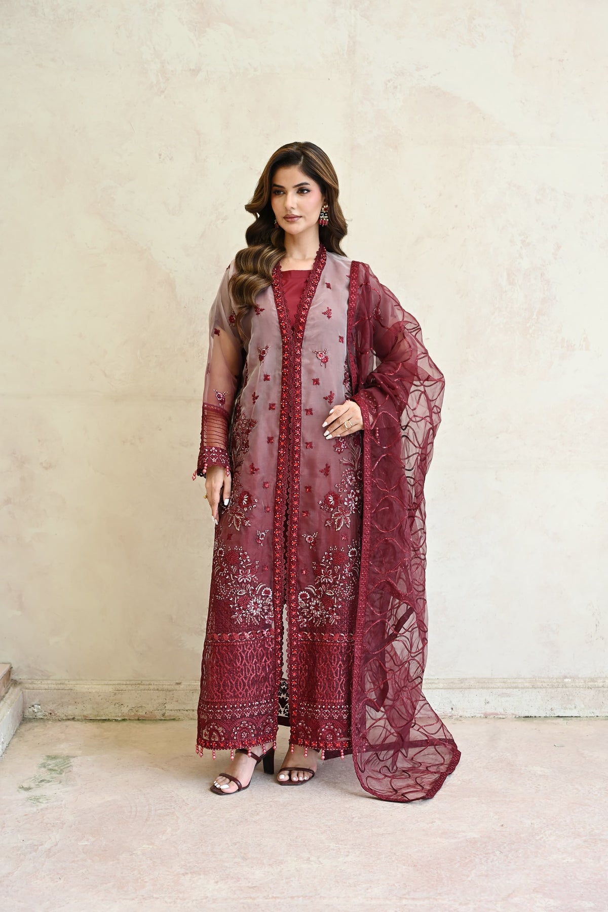 Belle -Burgundy rose(Embroidered) - 3Pc
