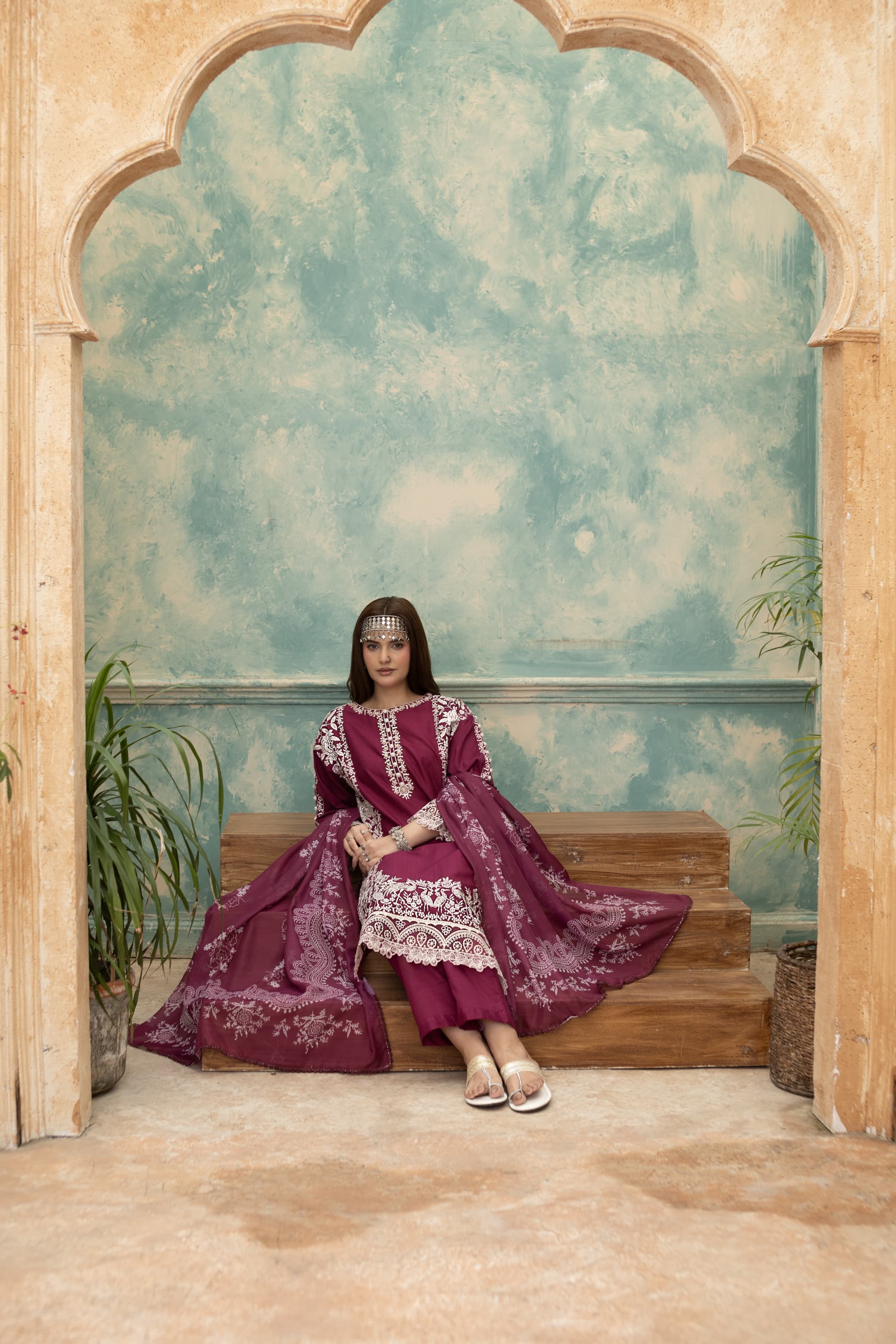 Noor-Wine Embroidered Pret (3pc)
