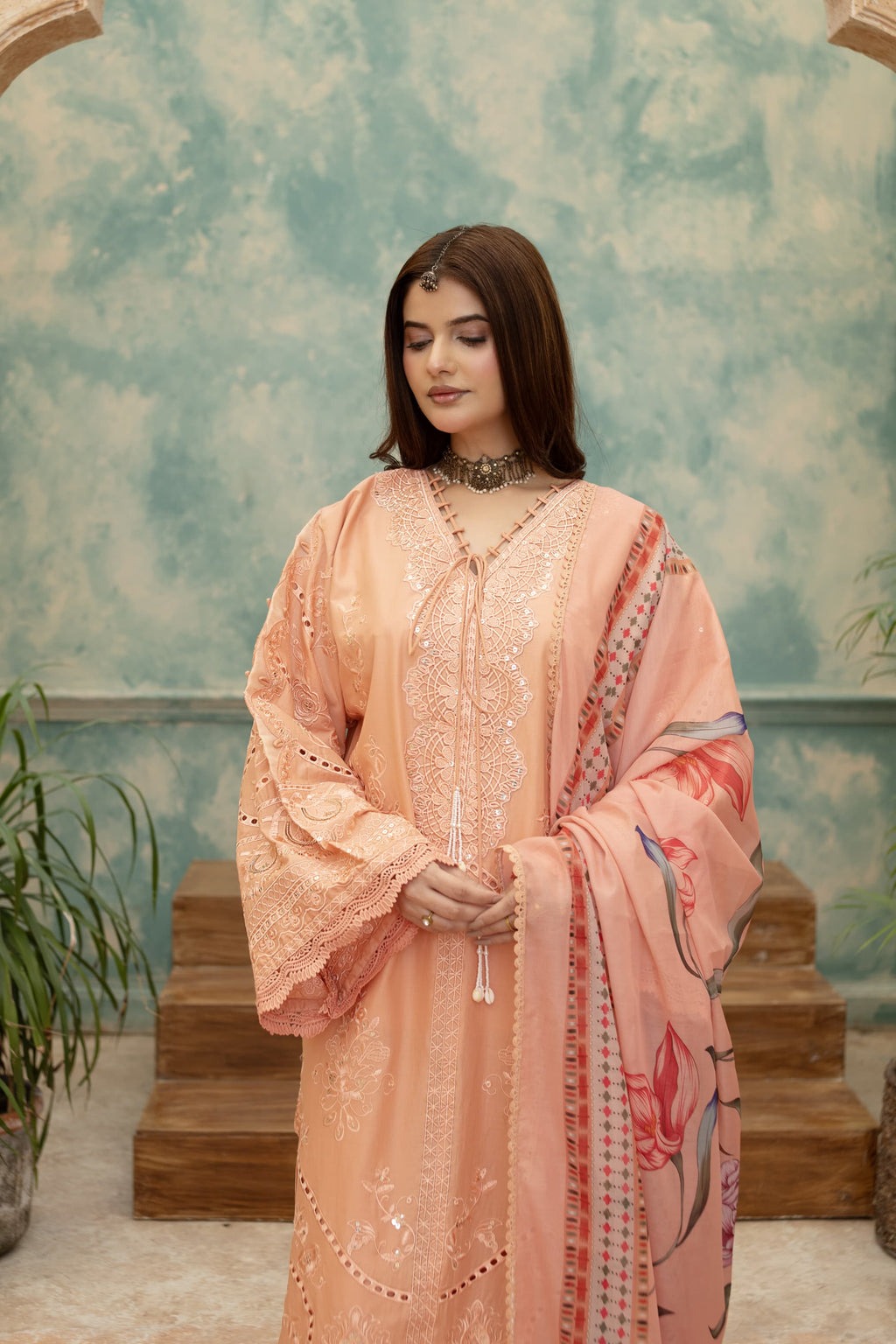 Saffan-Coral Embroidered Pret (3pc)