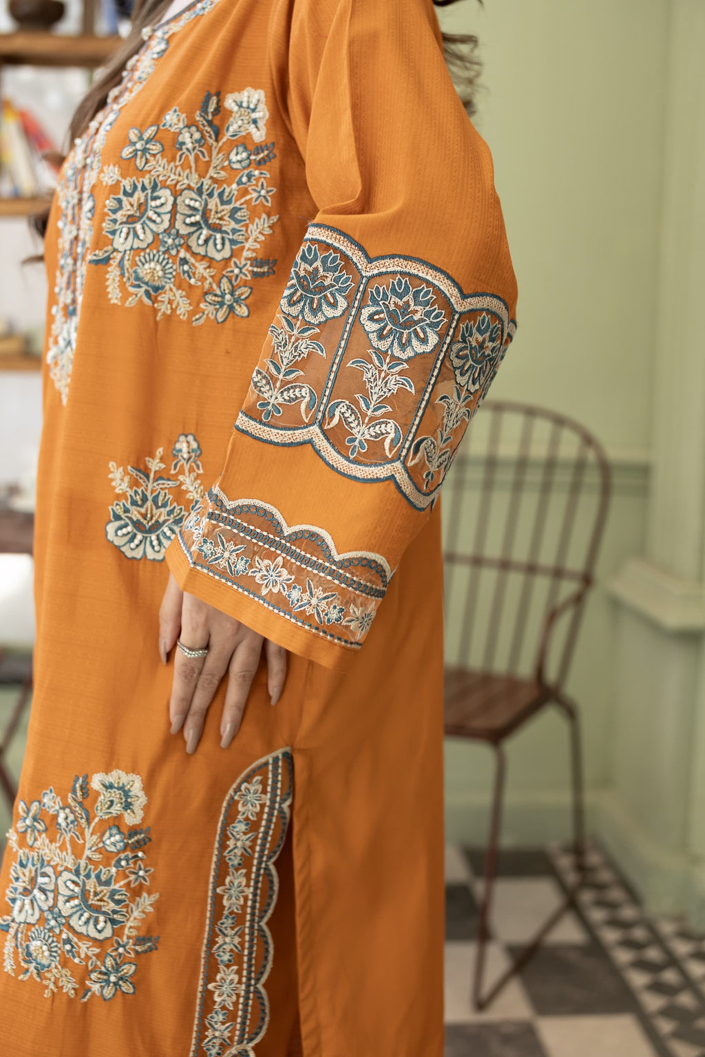 Rhea-Burnt orange Embroidered pret (3 pc)