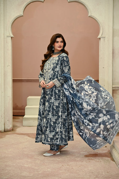 Aab-e-Bahaar -Storm Blue (Embroidered) - 3Pc