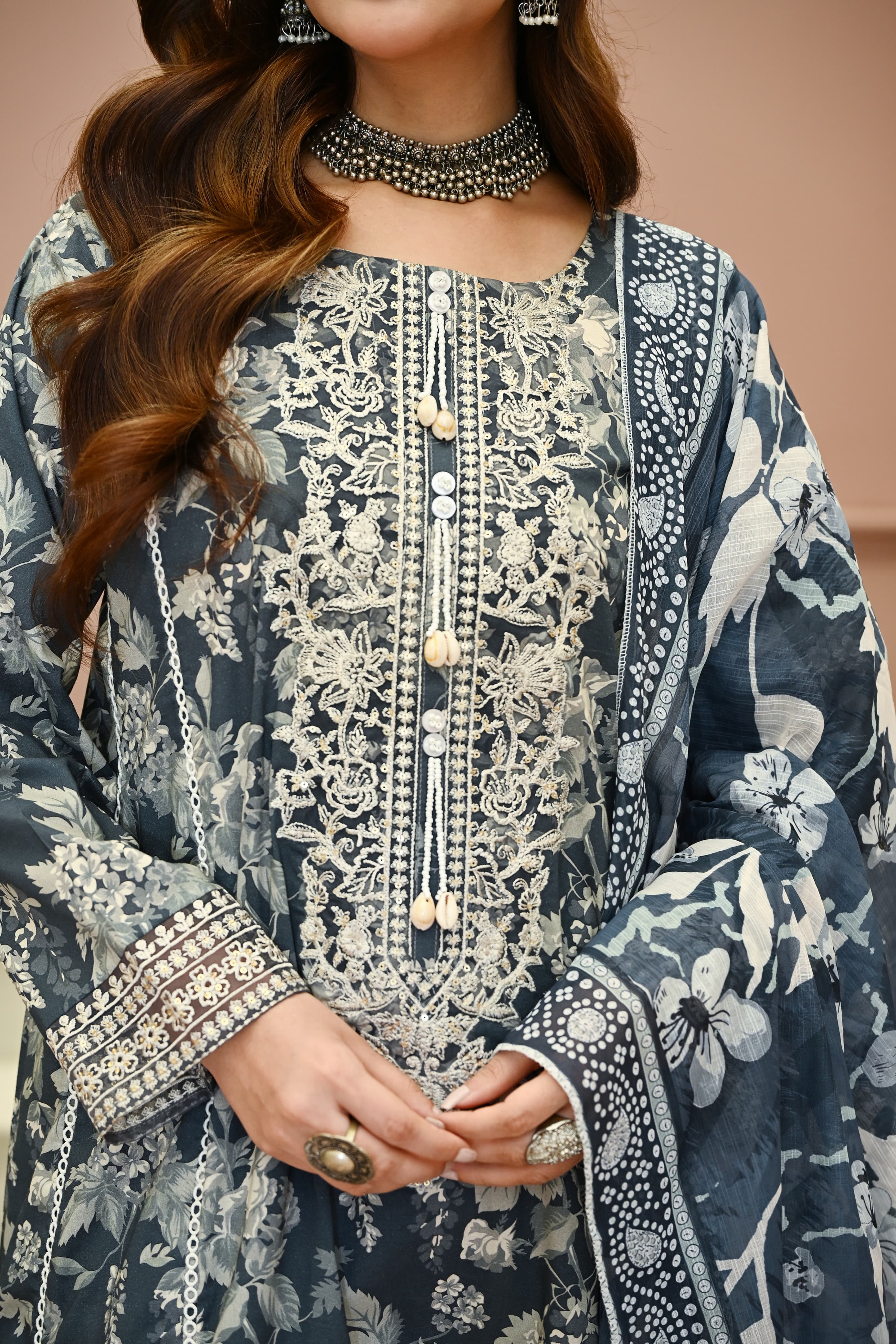 Aab-e-Bahaar -Storm Blue (Embroidered) - 3Pc