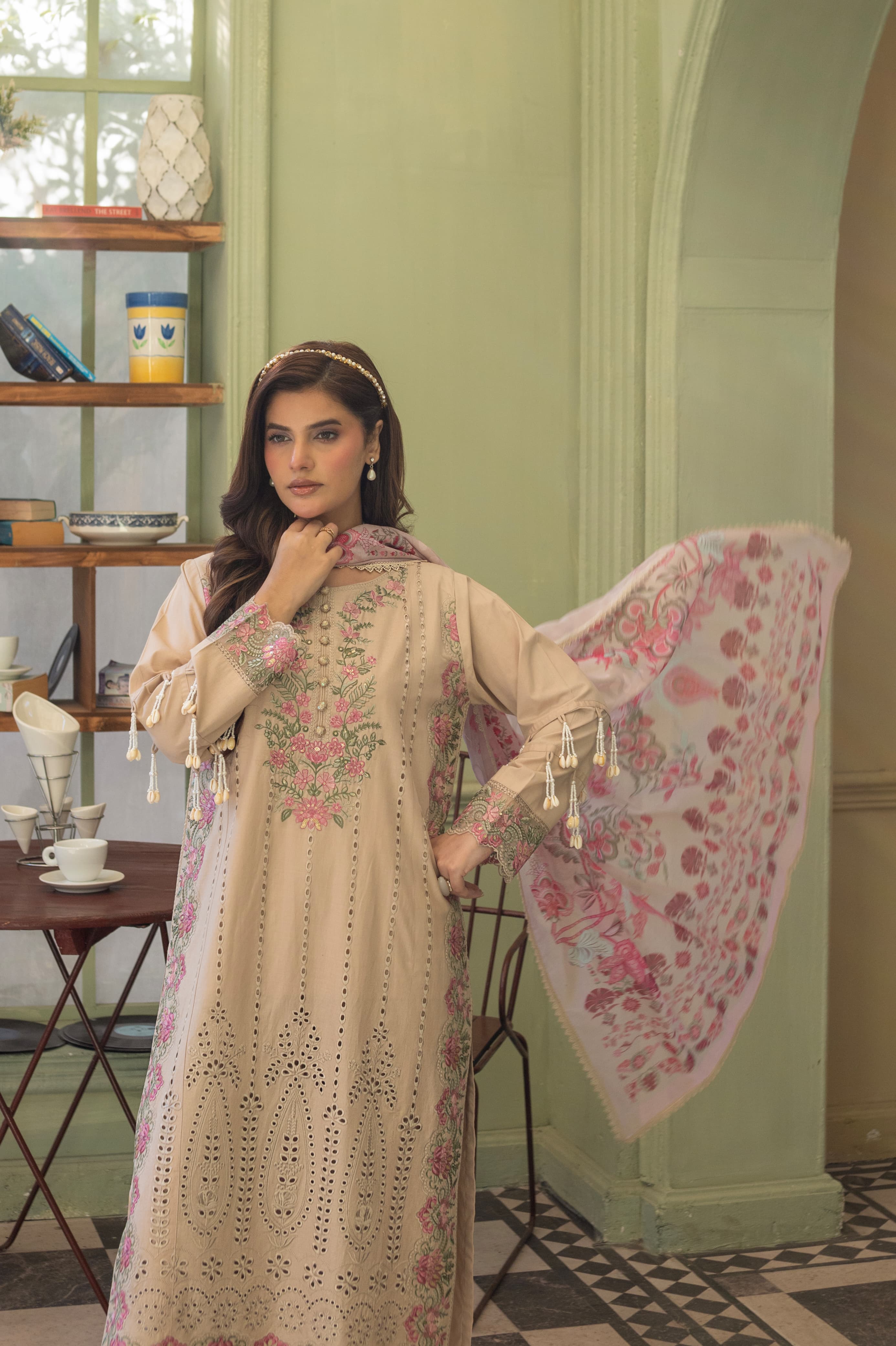 GulNoor-Ivory beige Embroidered suit (3pc)