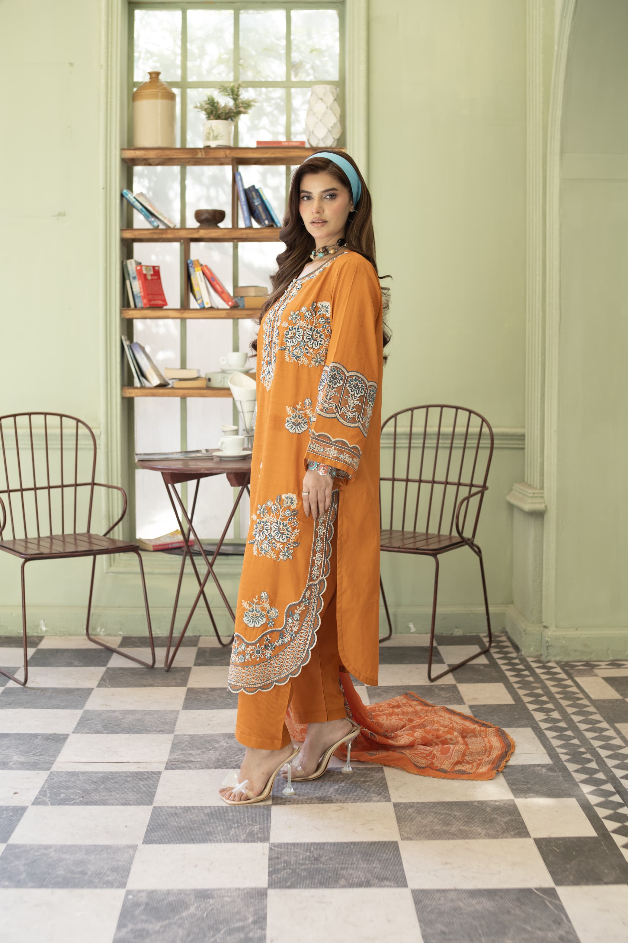 Rhea-Burnt orange Embroidered pret (3 pc)