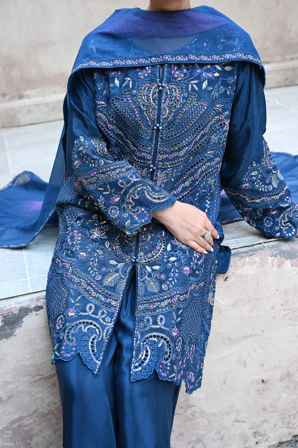 Amour -Deep teal (Embroidered) - 3Pc