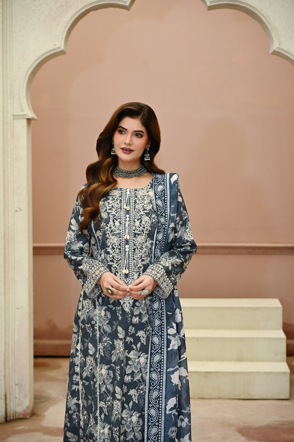Aab-e-Bahaar -Storm Blue (Embroidered) - 3Pc