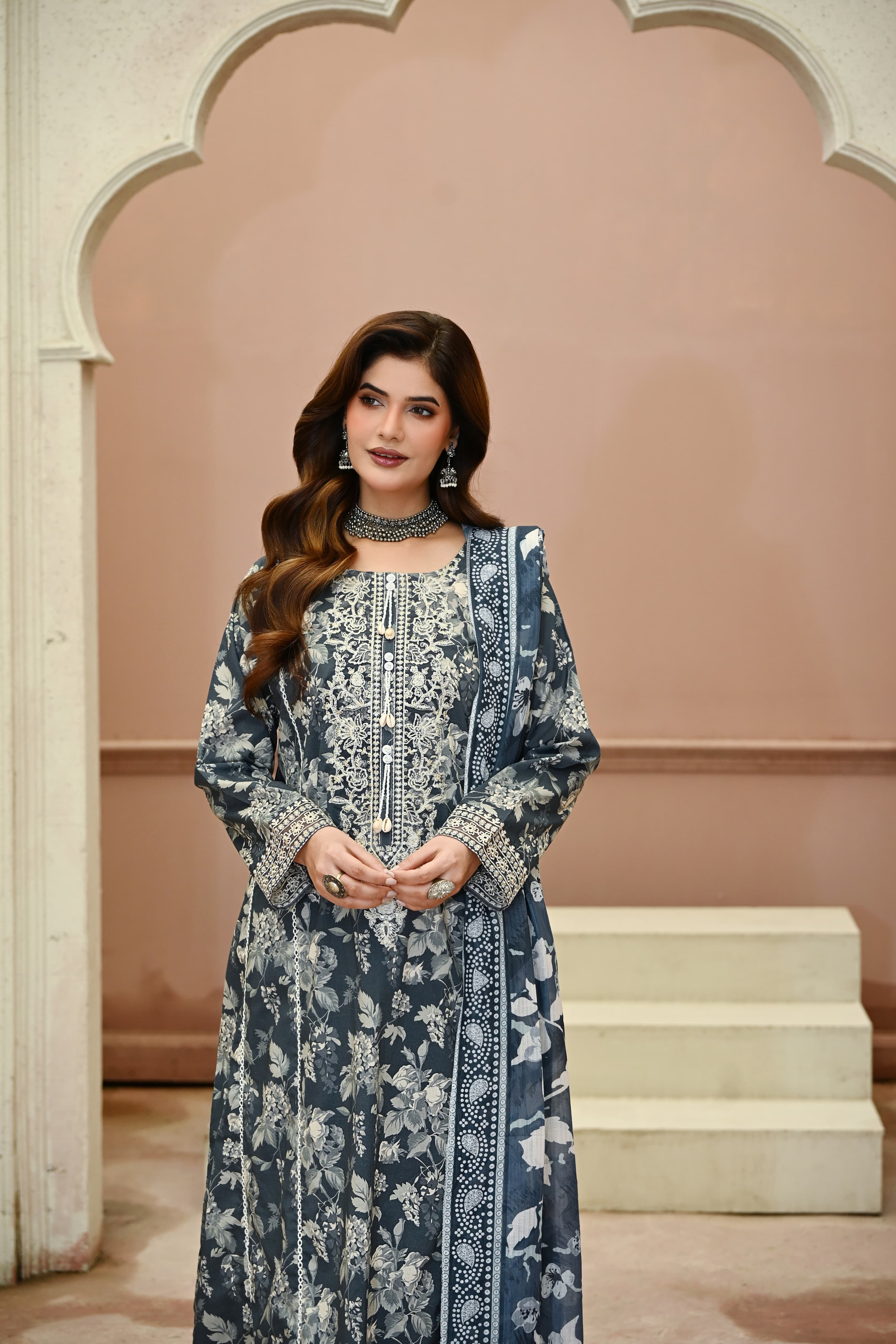 Aab-e-Bahaar -Storm Blue (Embroidered) - 3Pc
