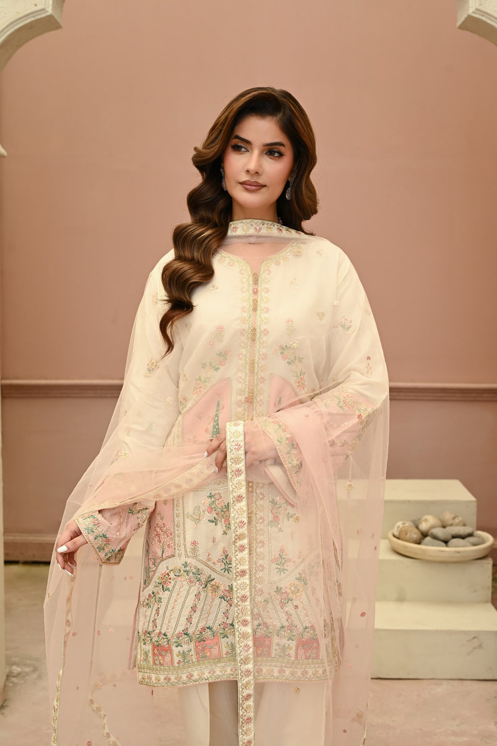 Seline -beige(Embroidered) - 3Pc
