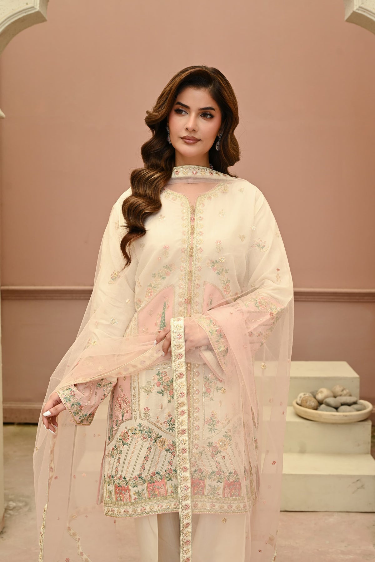 Seline -beige(Embroidered) - 3Pc