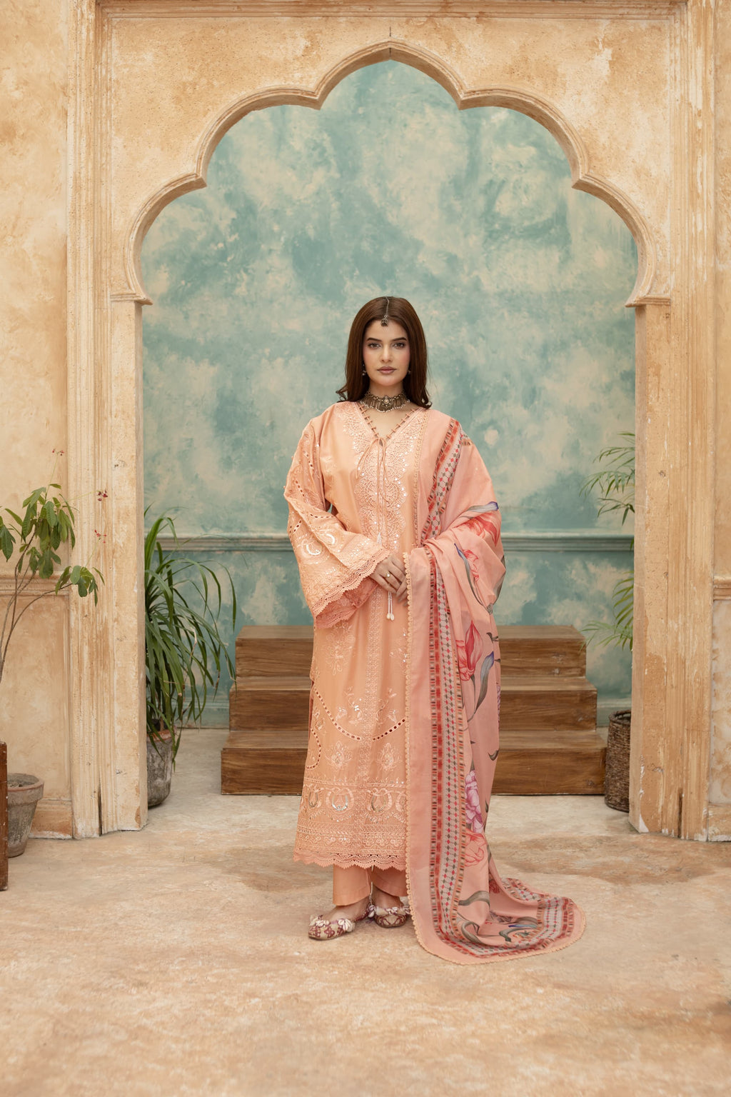Saffan-Coral Embroidered Pret (3pc)
