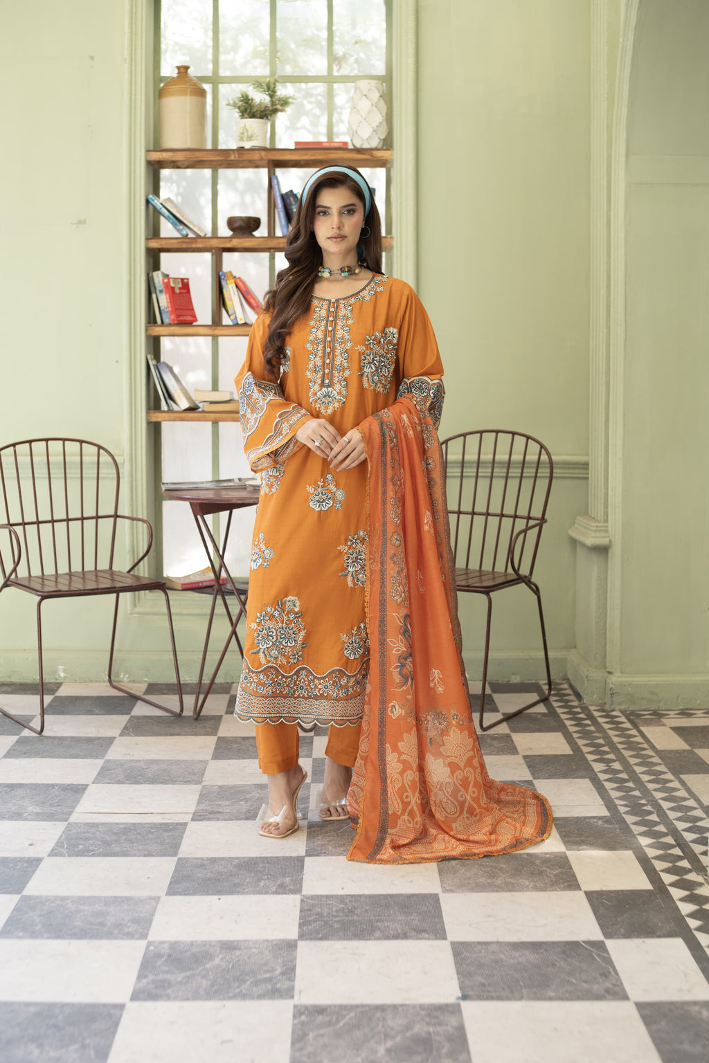 Rhea-Burnt orange Embroidered pret (3 pc)