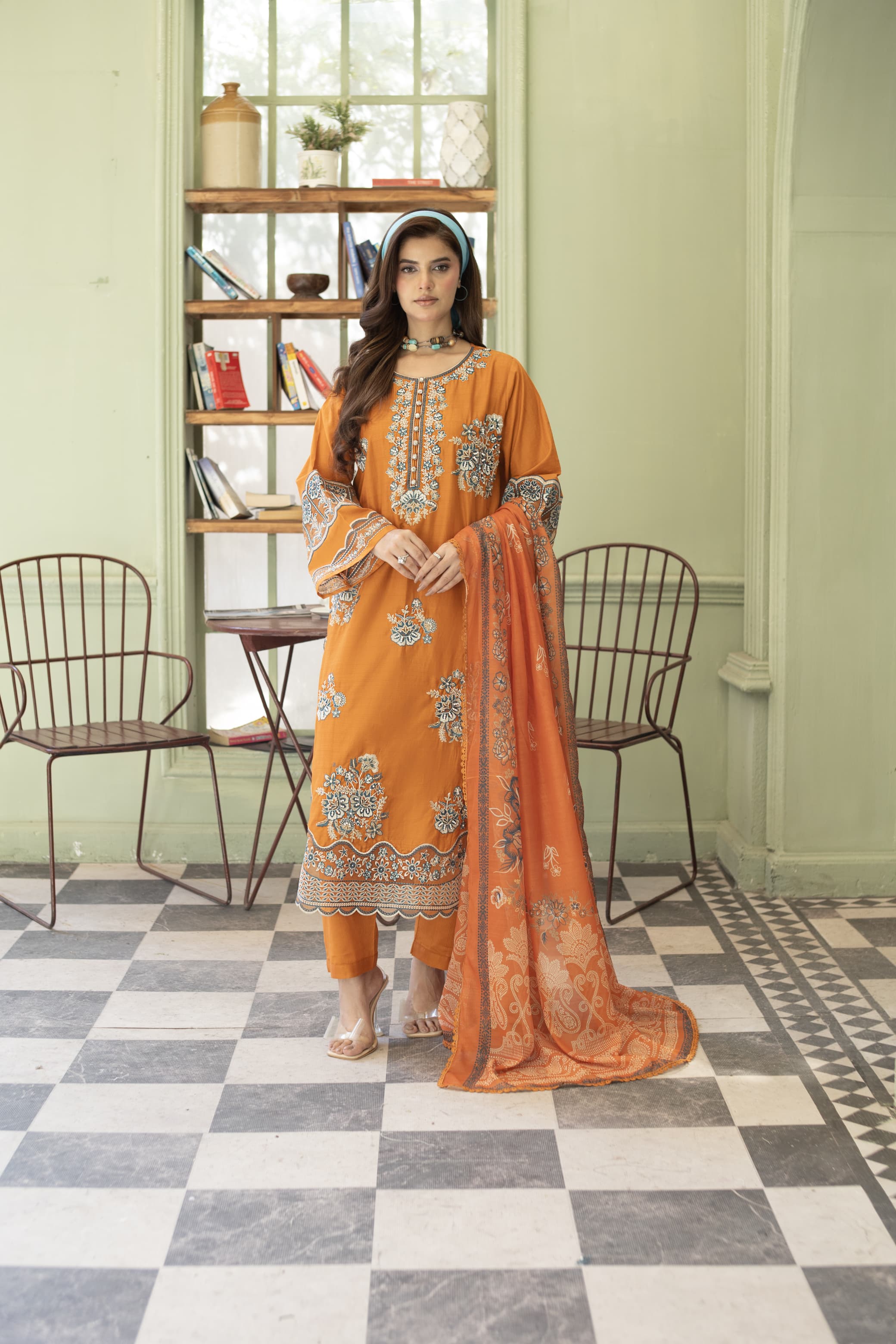 Rhea-Burnt orange Embroidered pret (3 pc)