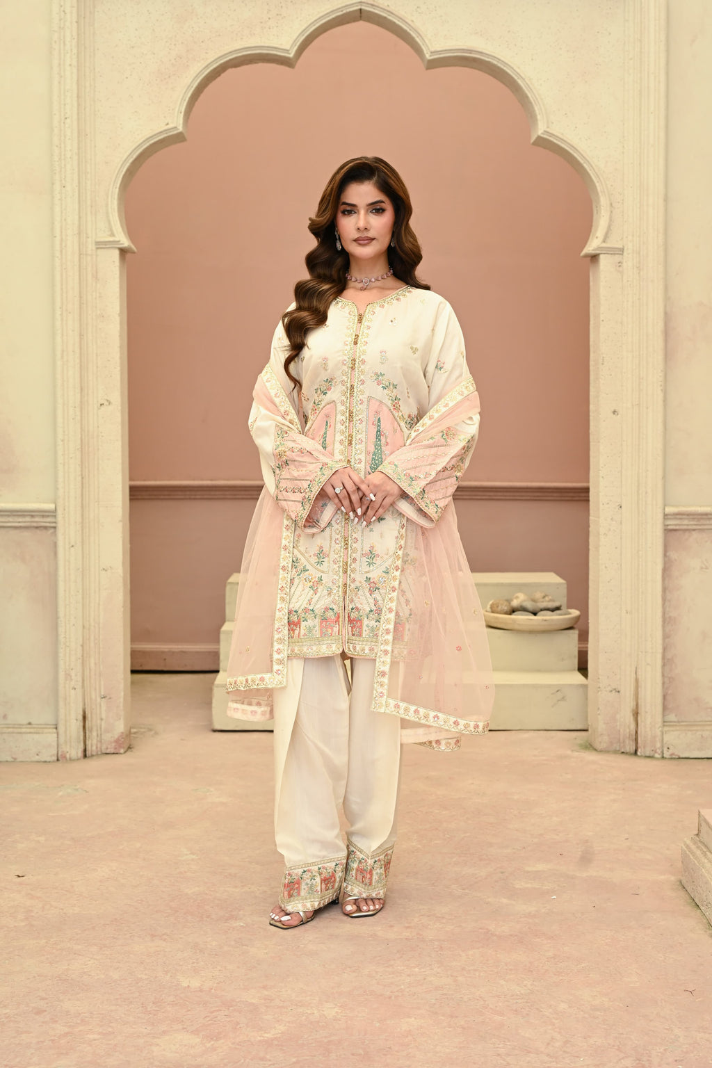 Seline -beige(Embroidered) - 3Pc