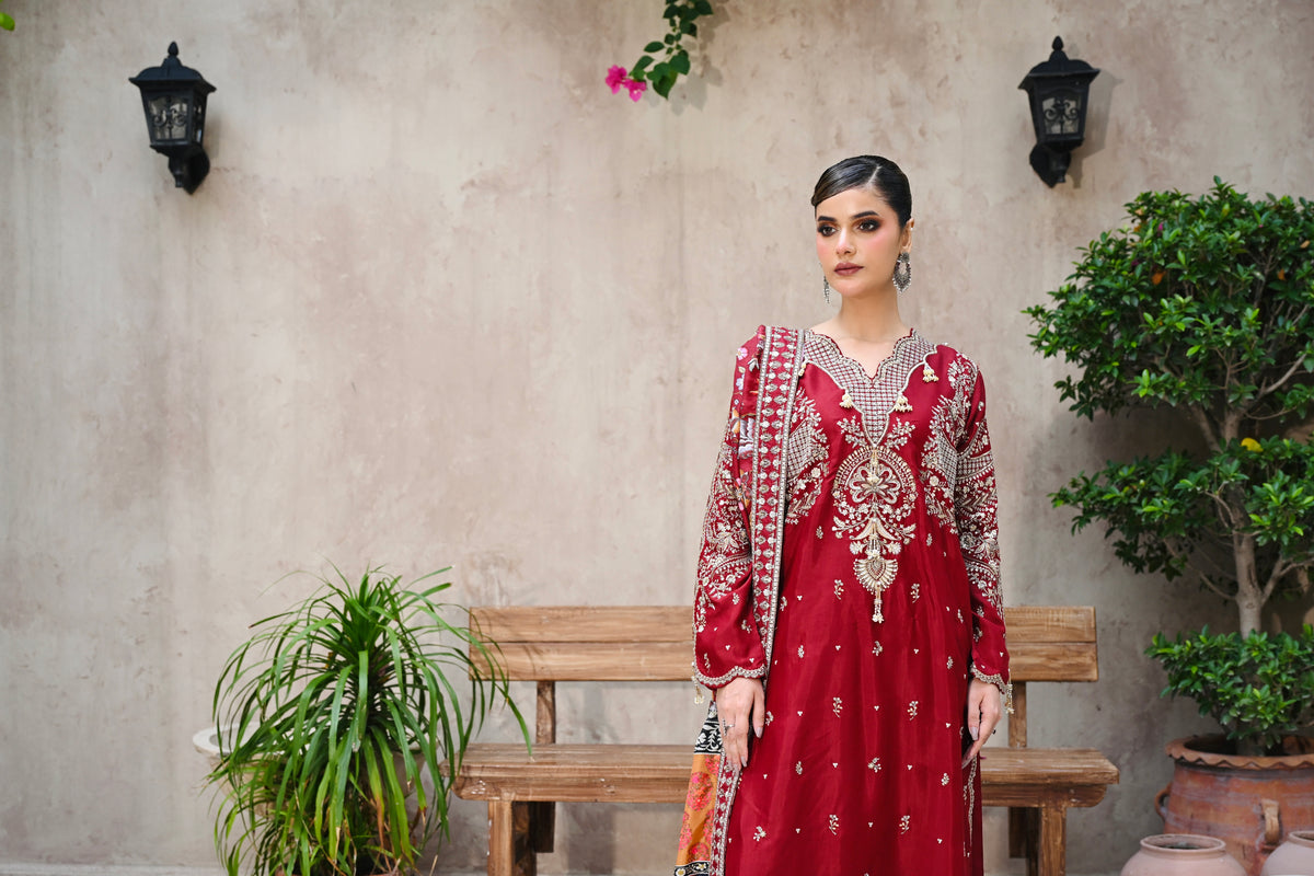 Roselle -Deep Wine (Embroidered) - 3Pc