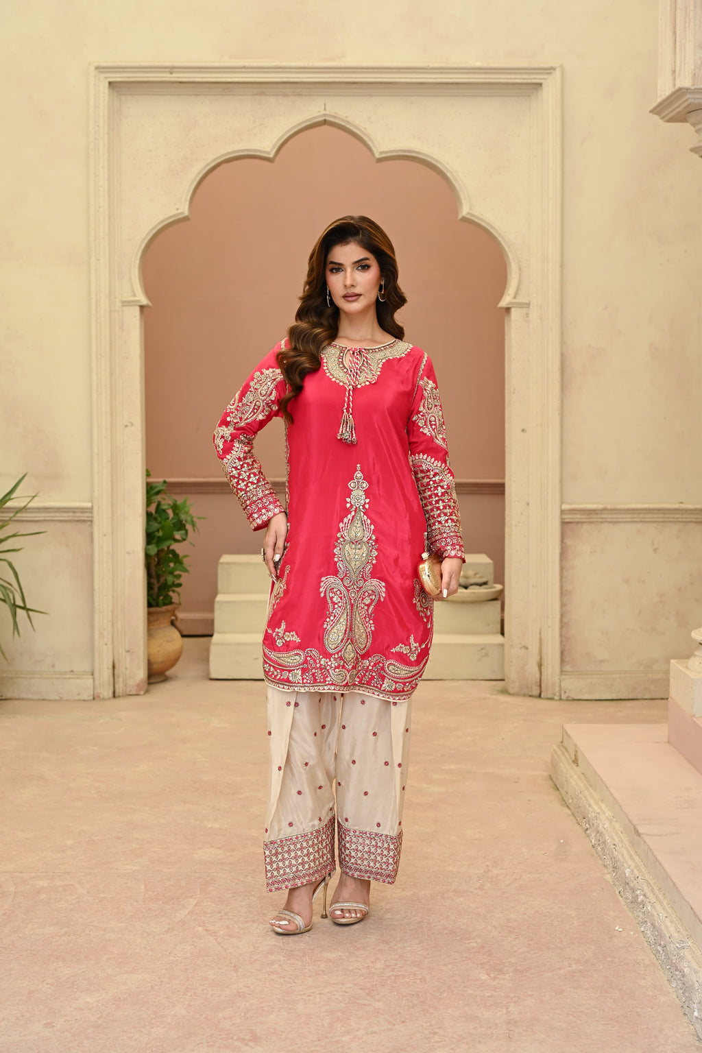 Rosalie -Ruby coral(Embroidered) - 3Pc