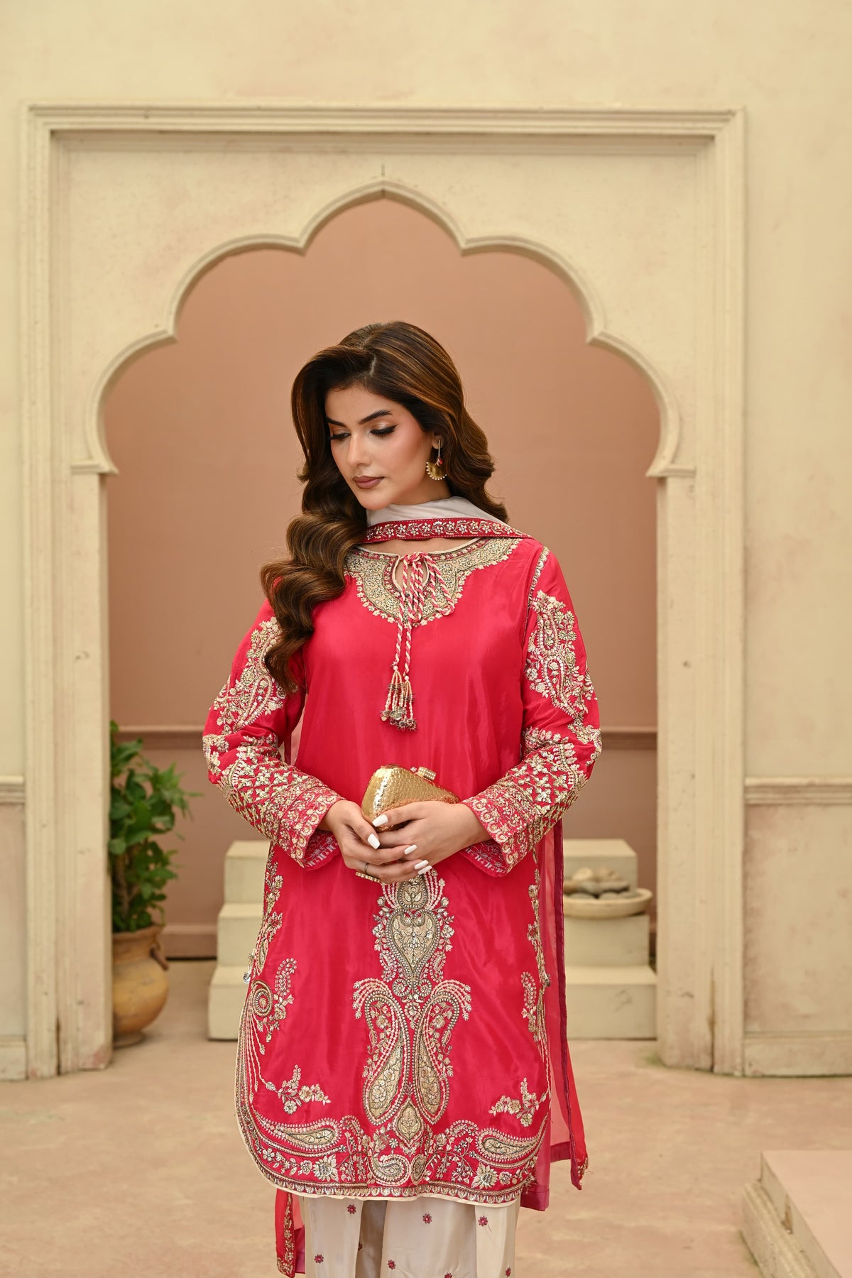 Rosalie -Ruby coral(Embroidered) - 3Pc