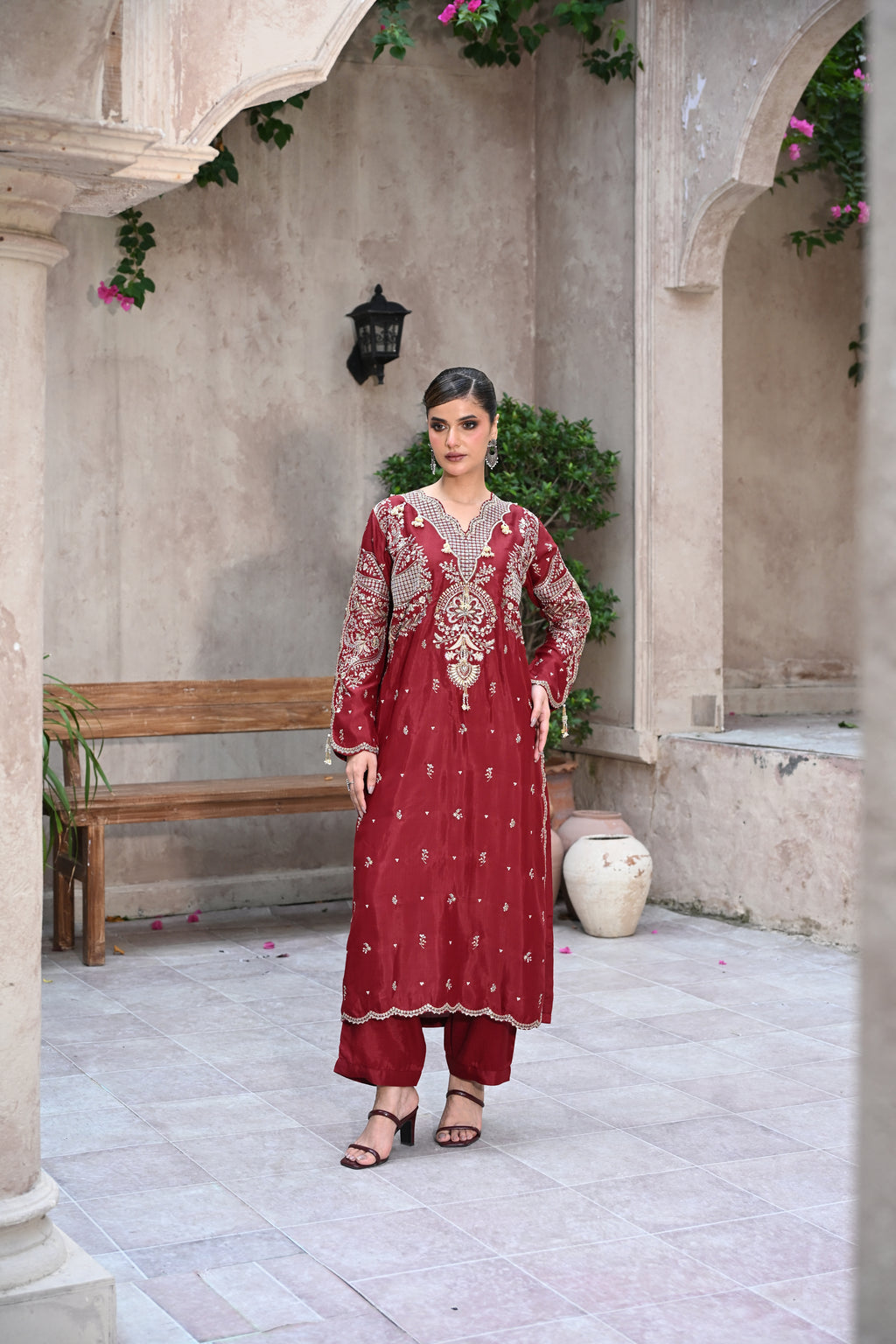 Roselle -Deep Wine (Embroidered) - 3Pc