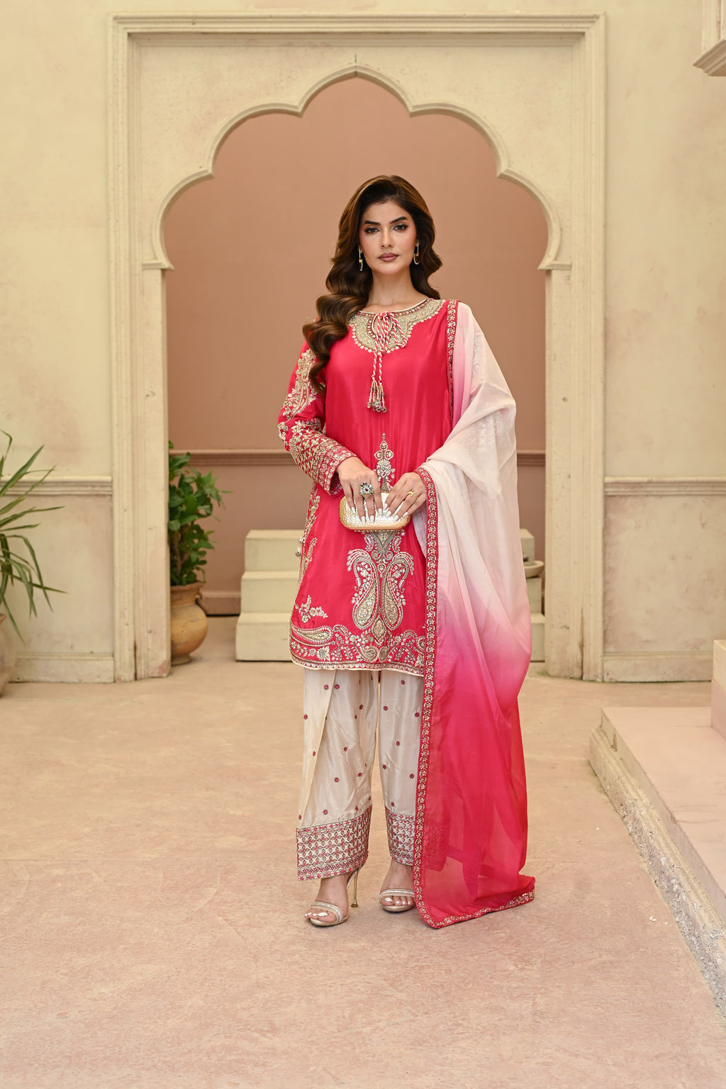 Rosalie -Ruby coral(Embroidered) - 3Pc