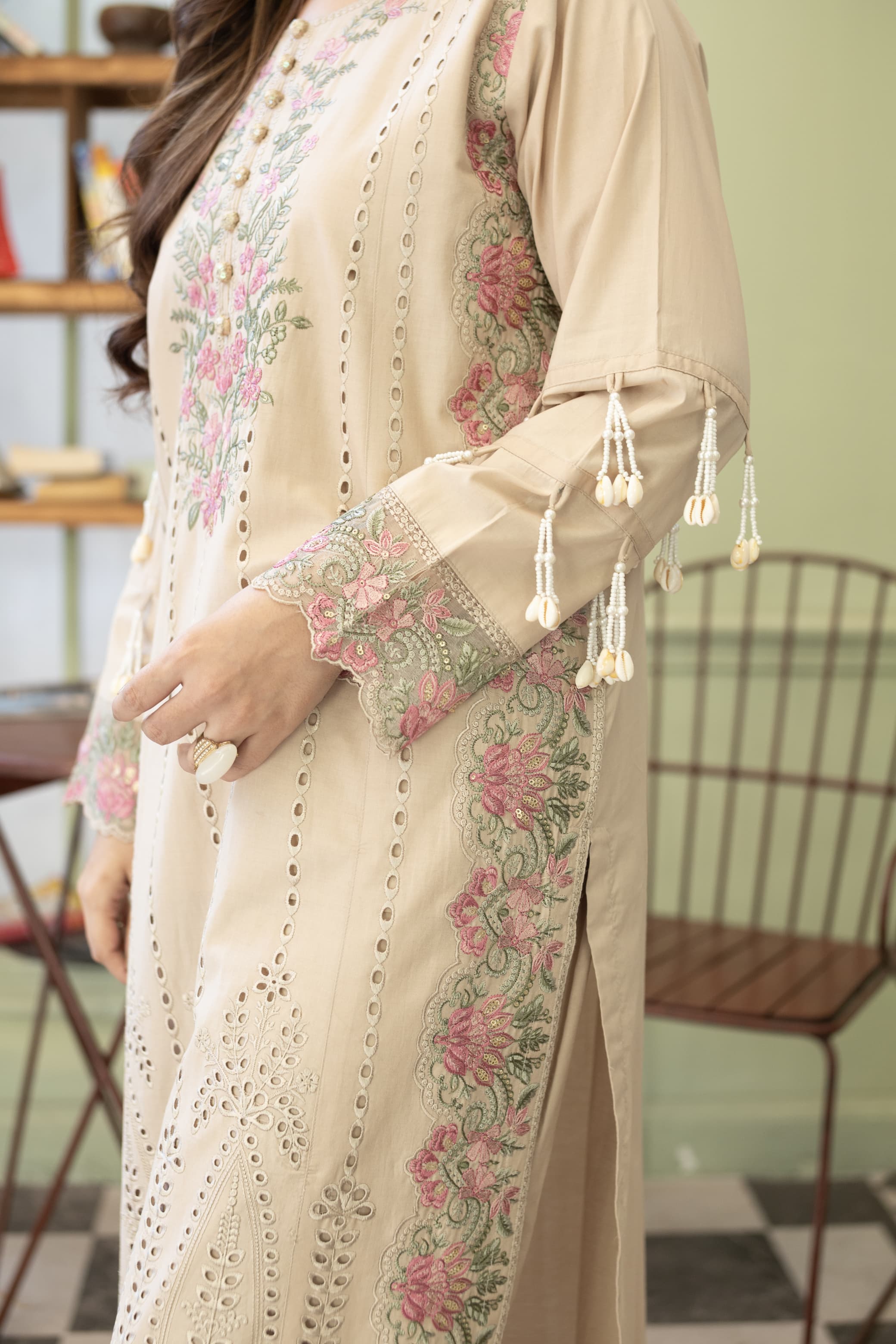 GulNoor-Ivory beige Embroidered suit (3pc)