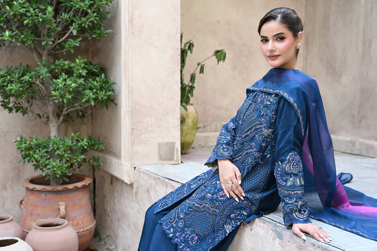 Amour -Deep teal (Embroidered) - 3Pc