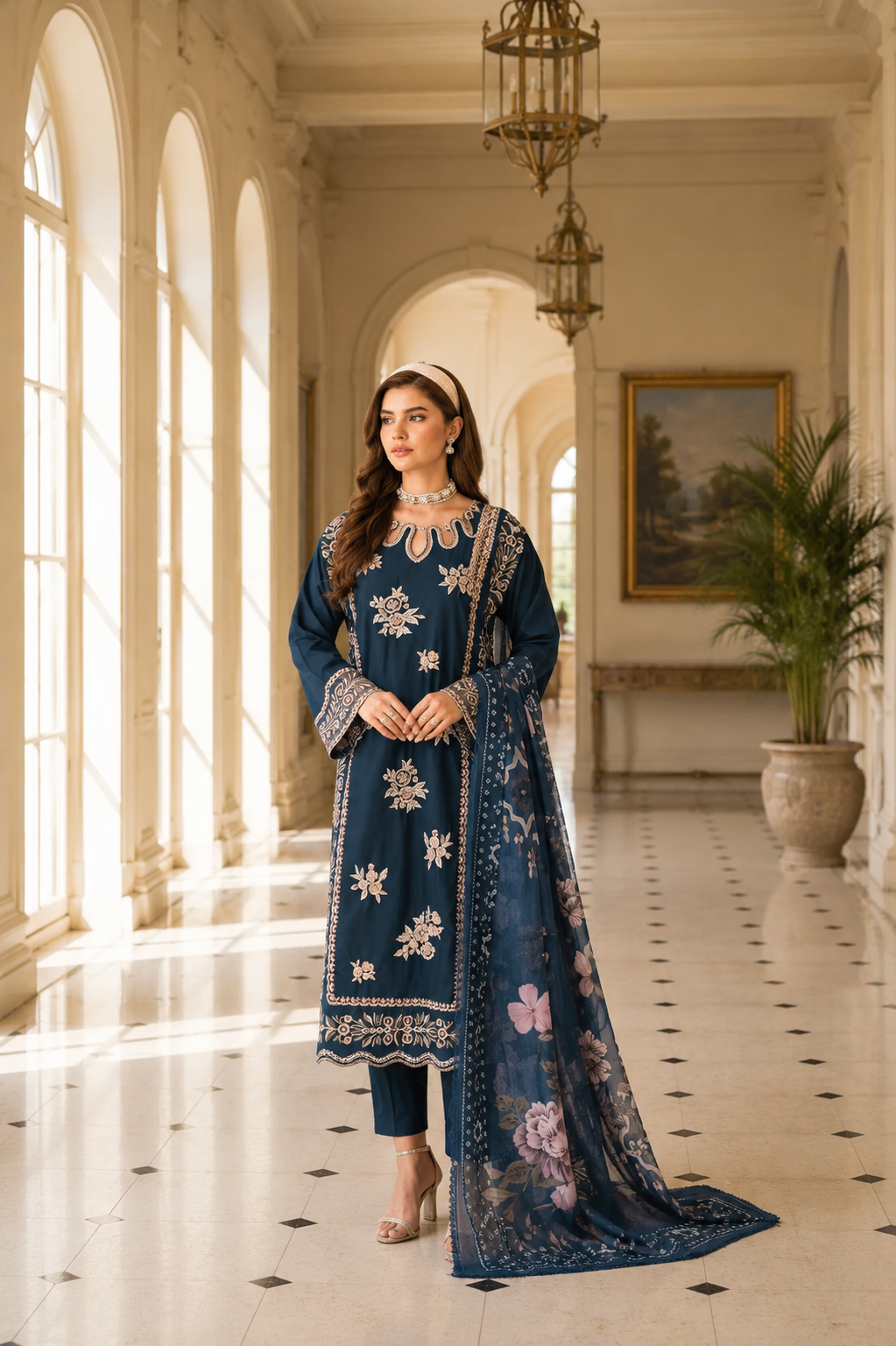 Meher-Midnight blue Embroidered Pret (3pc)
