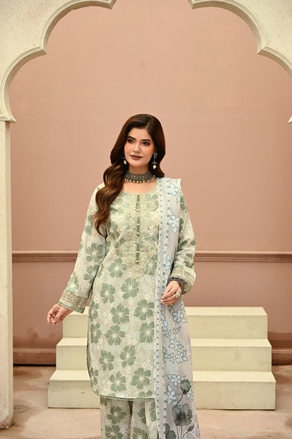 Abeer-e-Gul- Pistachio Pearl (Embroidered) - 3Pc