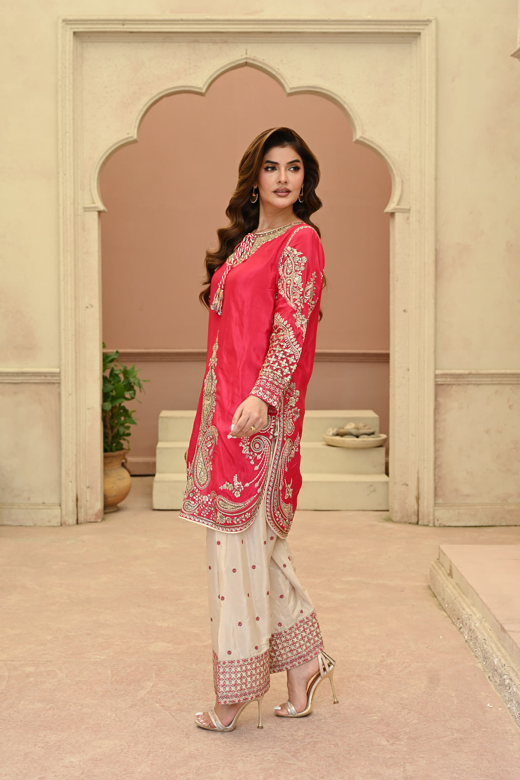 Rosalie -Ruby coral(Embroidered) - 3Pc