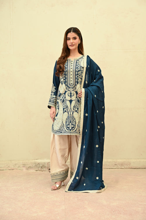 Aurelia -Deep Teal(Embroidered) - 3Pc