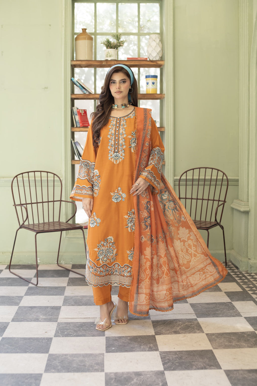 Rhea-Burnt orange Embroidered pret (3 pc)