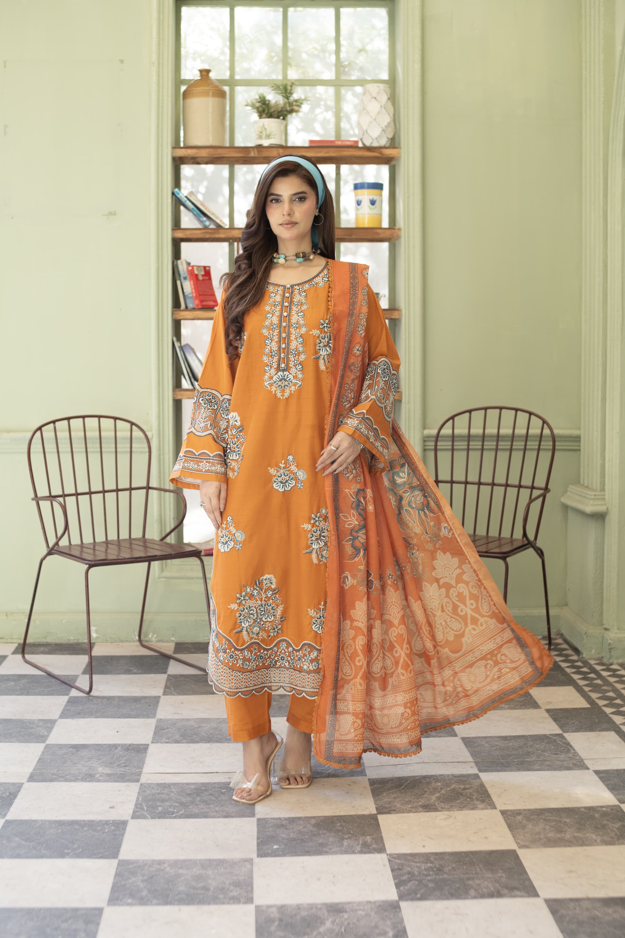 Rhea-Burnt orange Embroidered pret (3 pc)