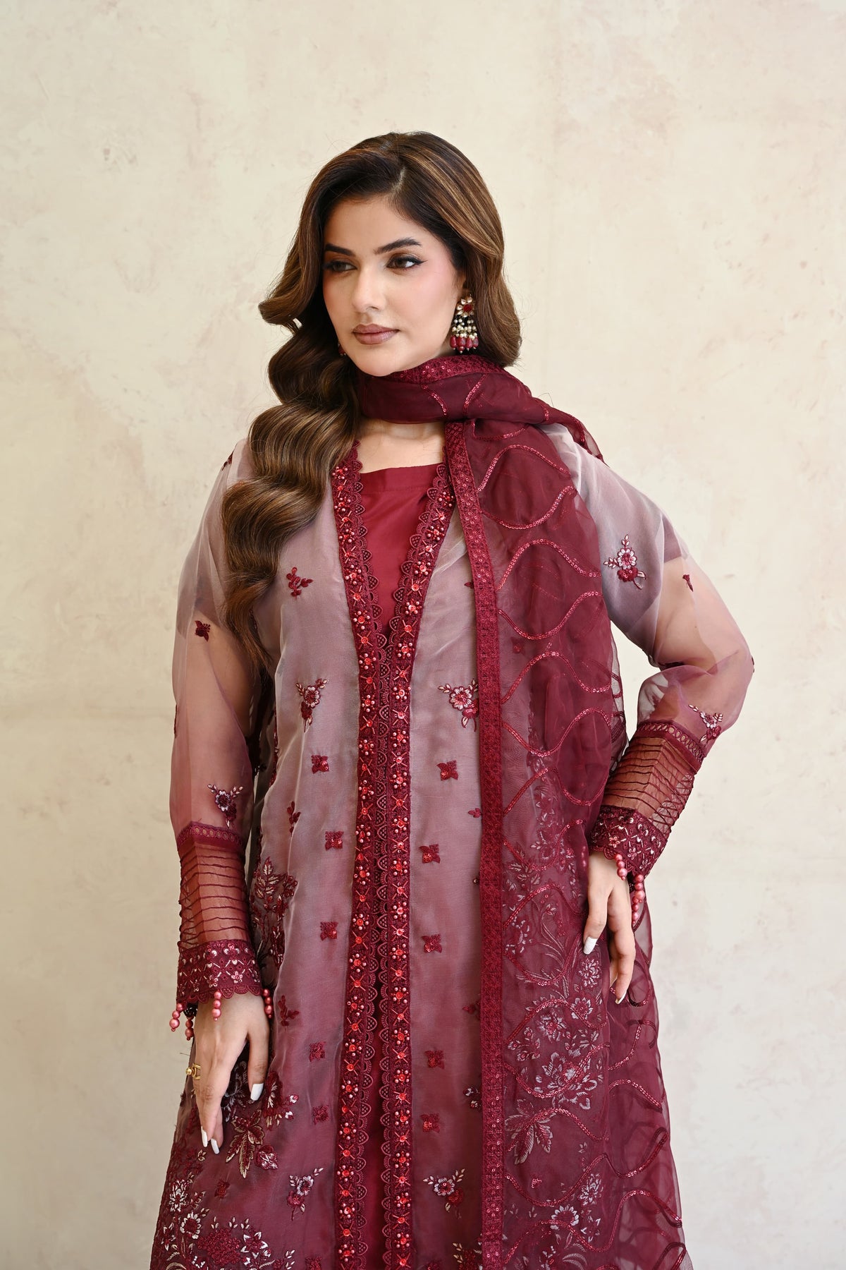 Belle -Burgundy rose(Embroidered) - 3Pc