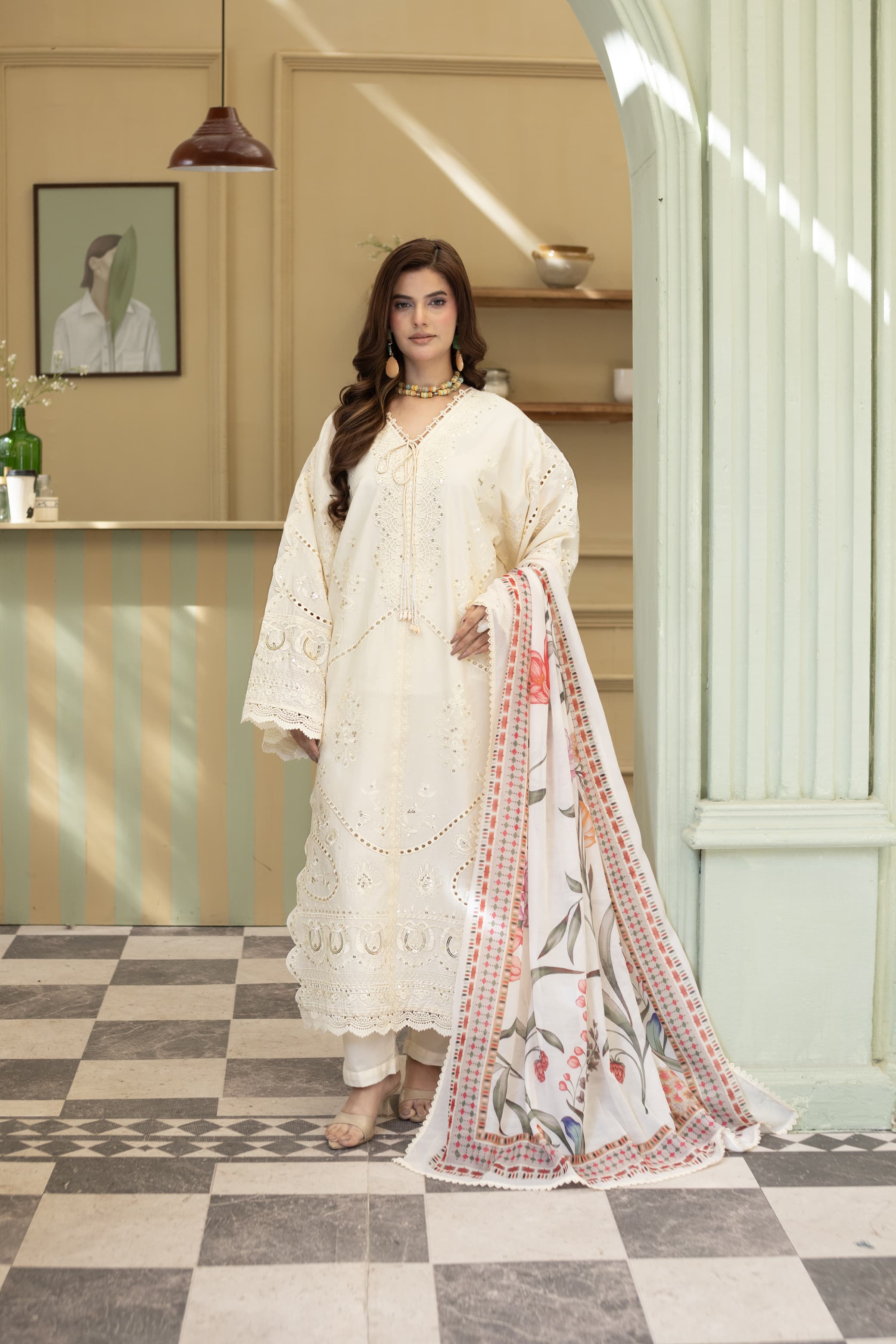 Saffan-Offwhite Embroidered chikankari pret (3pc)