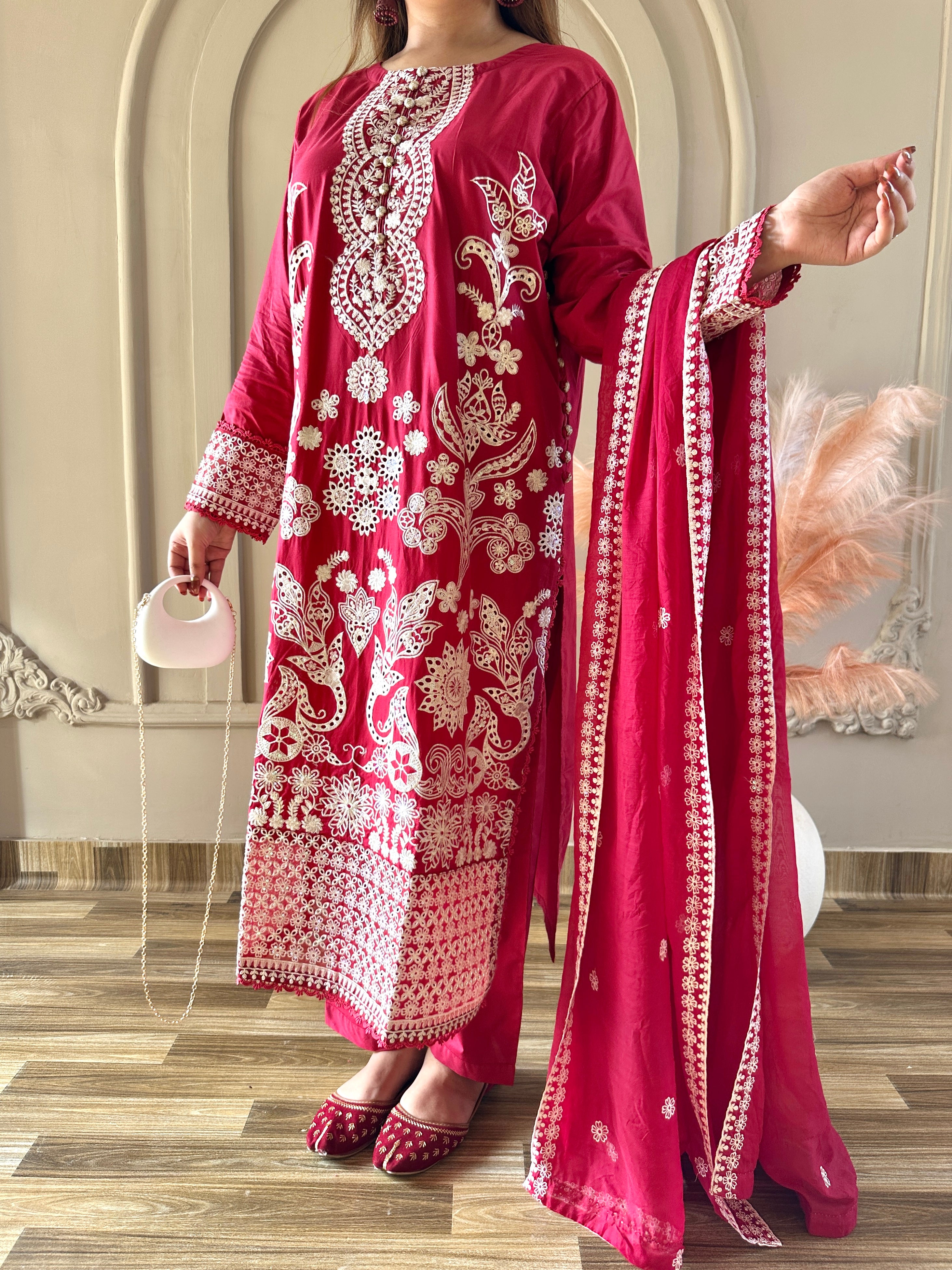 Mahnoor (Deep Red) - 3Pc