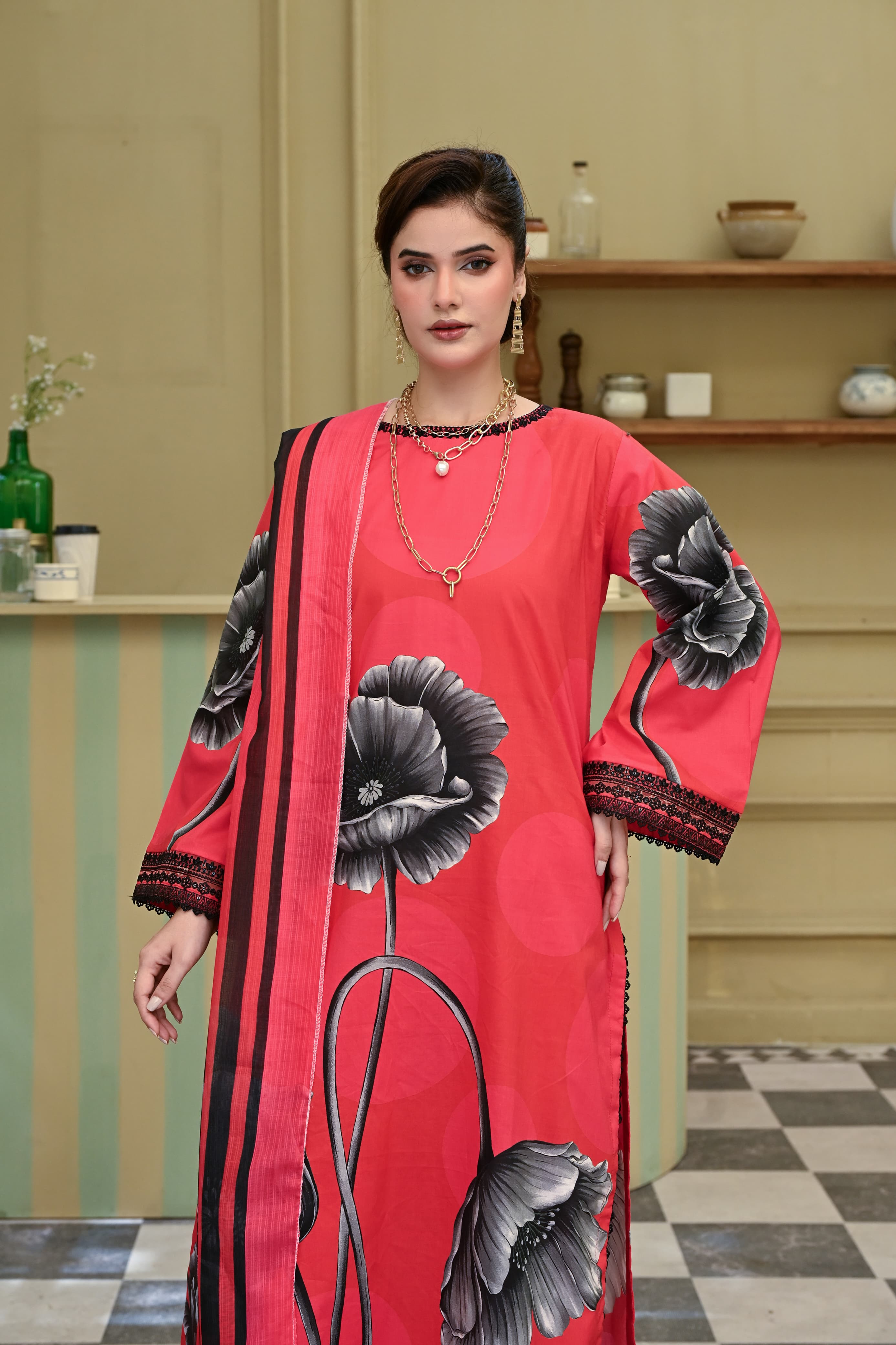 Adaa- Coral Flame(Embroidered) - 3Pc