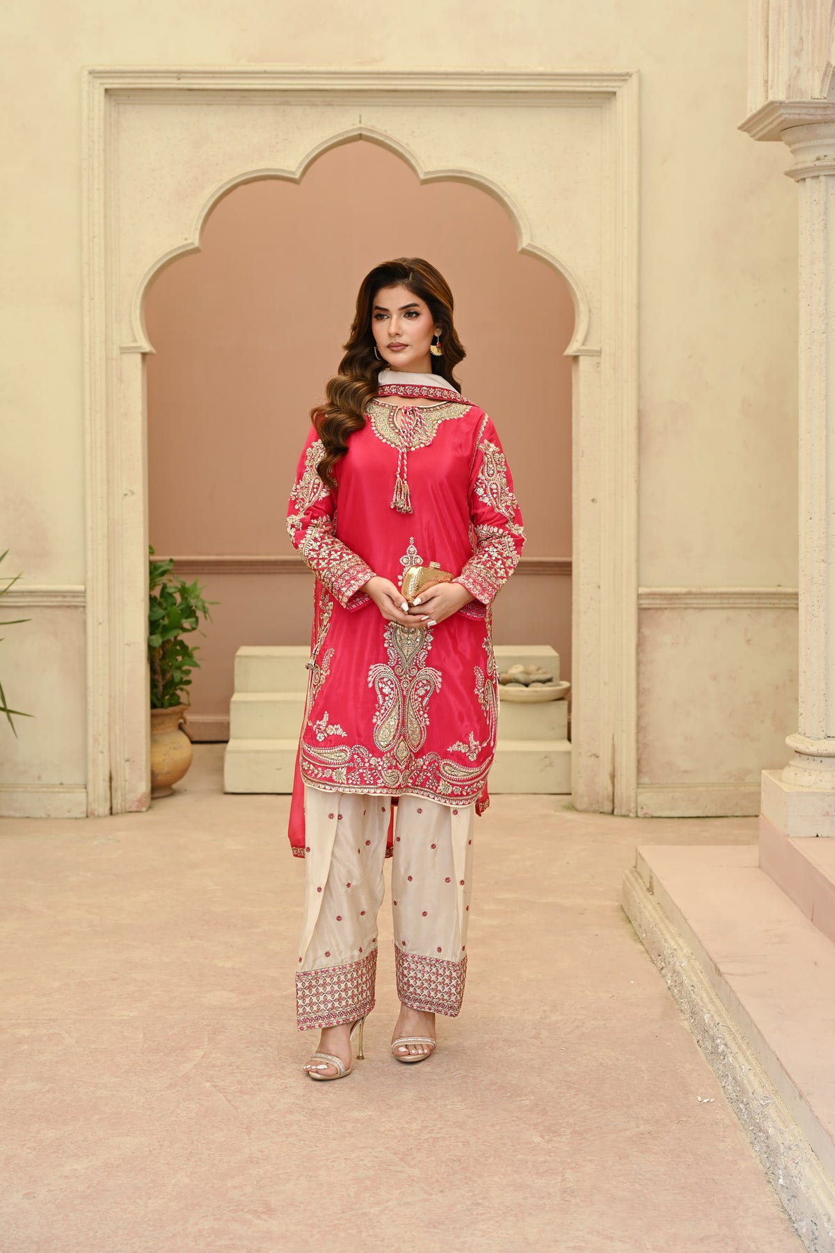 Rosalie -Ruby coral(Embroidered) - 3Pc